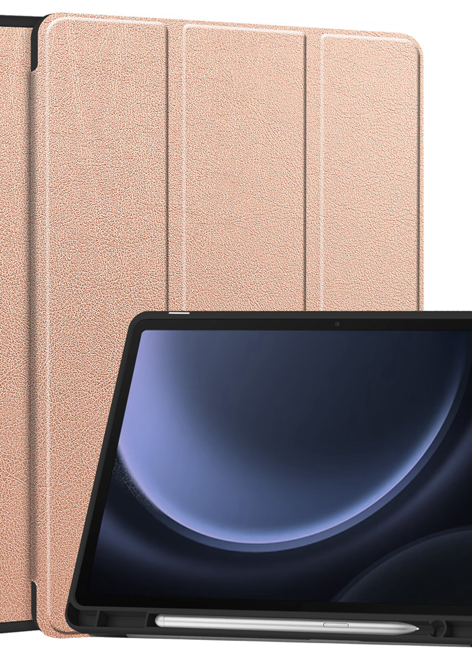 BTH Hoes Geschikt voor Samsung Galaxy Tab S9 FE Hoes Book Case Hoesje Trifold Cover Met Uitsparing Geschikt voor S Pen - Hoesje Geschikt voor Samsung Tab S9 FE Hoesje Bookcase - Rosé goud
