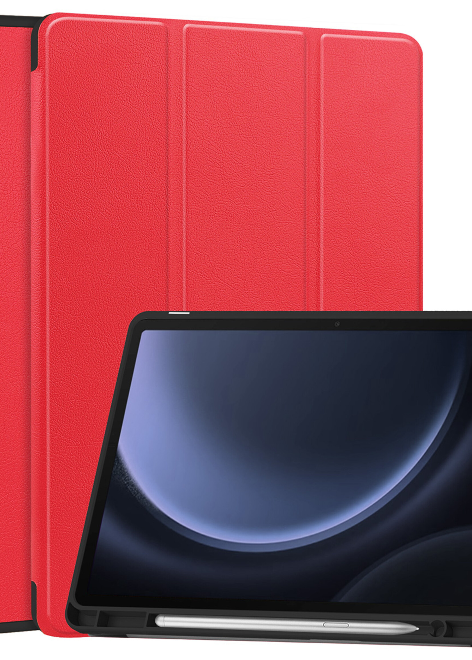 BTH Hoes Geschikt voor Samsung Galaxy Tab S9 FE Hoes Book Case Hoesje Trifold Cover Met Uitsparing Geschikt voor S Pen - Hoesje Geschikt voor Samsung Tab S9 FE Hoesje Bookcase - Rood
