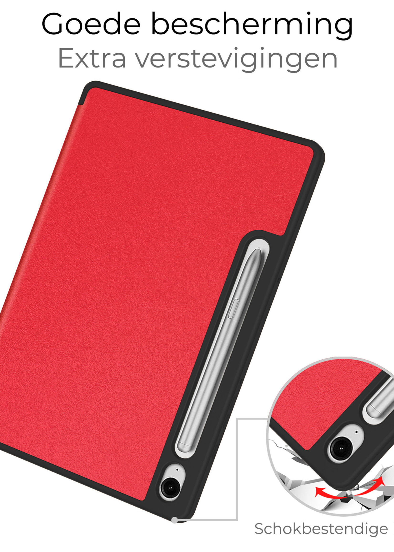 BTH Hoes Geschikt voor Samsung Galaxy Tab S9 FE Hoes Book Case Hoesje Trifold Cover Met Uitsparing Geschikt voor S Pen - Hoesje Geschikt voor Samsung Tab S9 FE Hoesje Bookcase - Rood