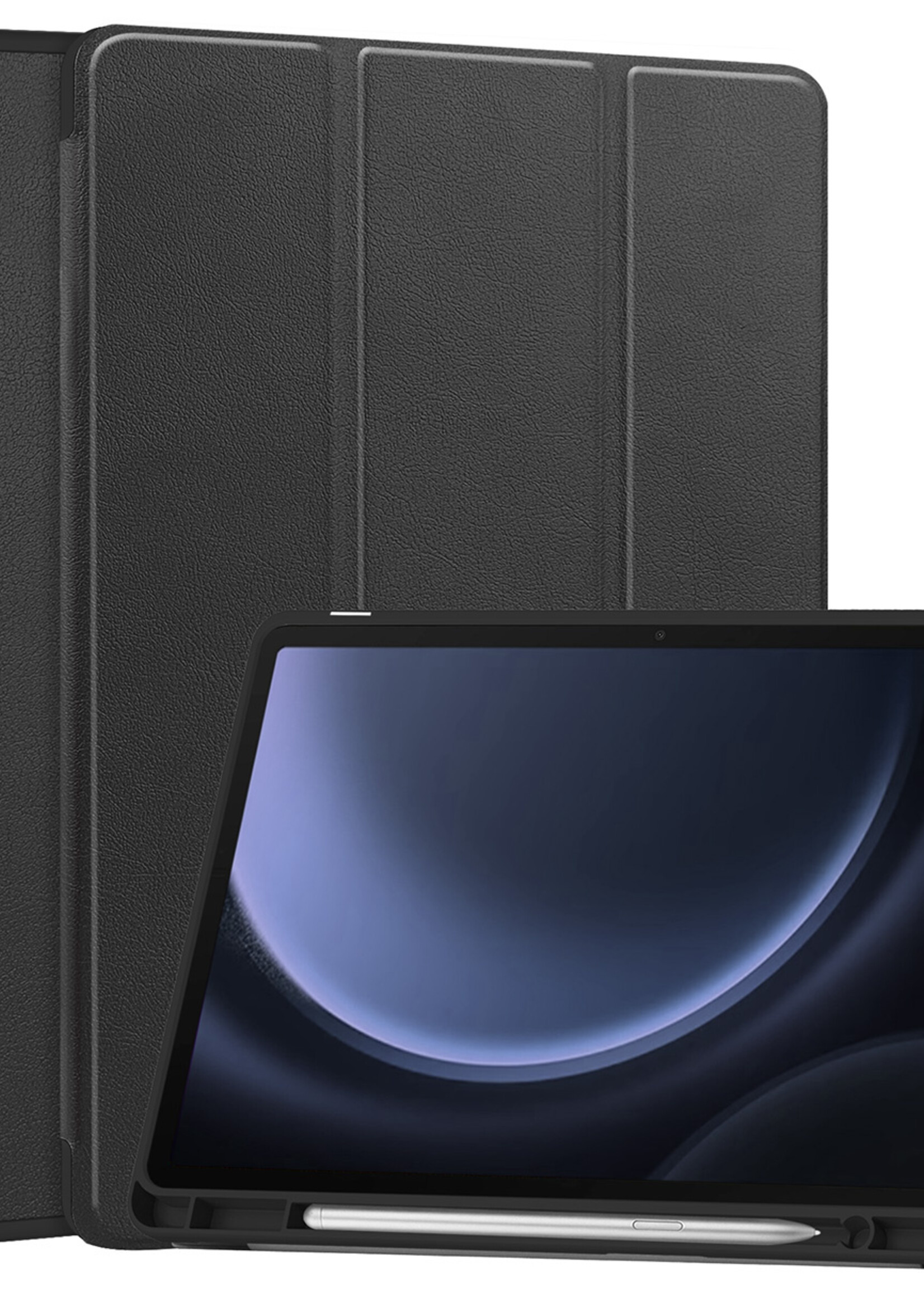 BTH Hoes Geschikt voor Samsung Galaxy Tab S9 FE Hoes Book Case Hoesje Trifold Cover Met Uitsparing Geschikt voor S Pen - Hoesje Geschikt voor Samsung Tab S9 FE Hoesje Bookcase - Zwart