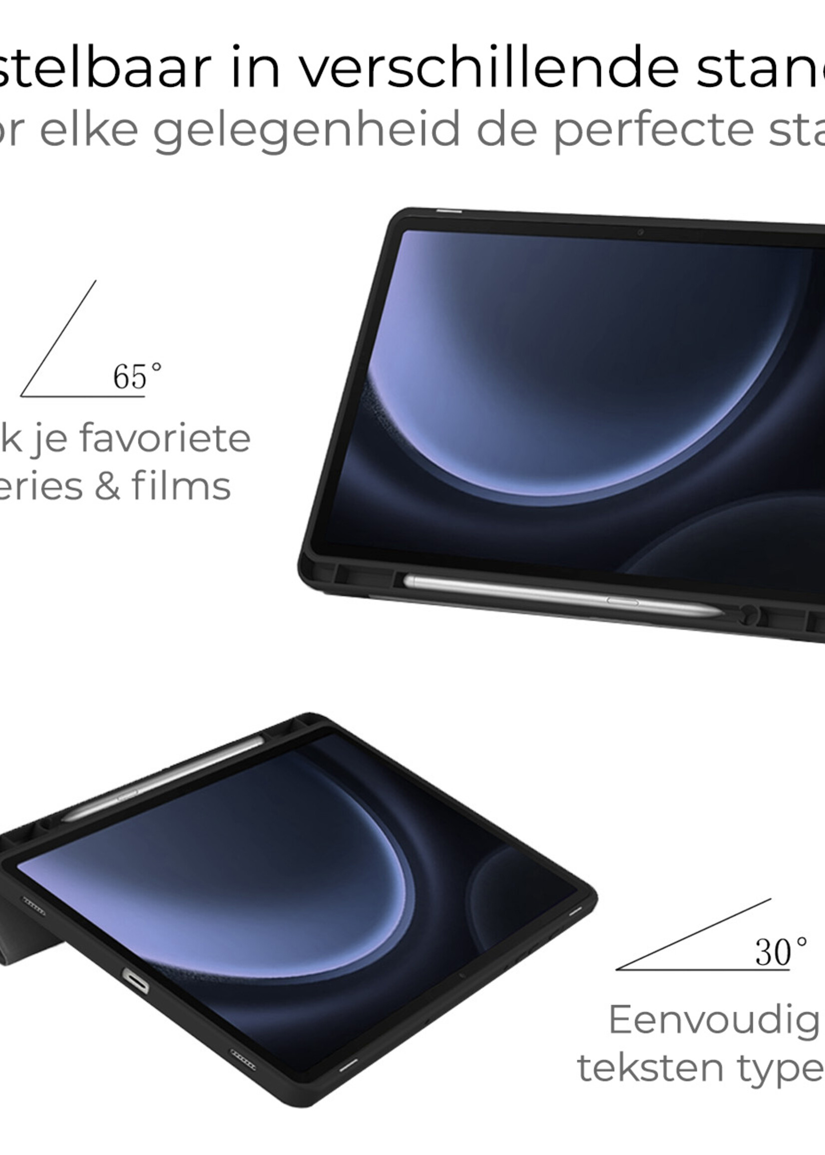 BTH Hoes Geschikt voor Samsung Galaxy Tab S9 FE Hoes Book Case Hoesje Trifold Cover Met Uitsparing Geschikt voor S Pen - Hoesje Geschikt voor Samsung Tab S9 FE Hoesje Bookcase - Zwart