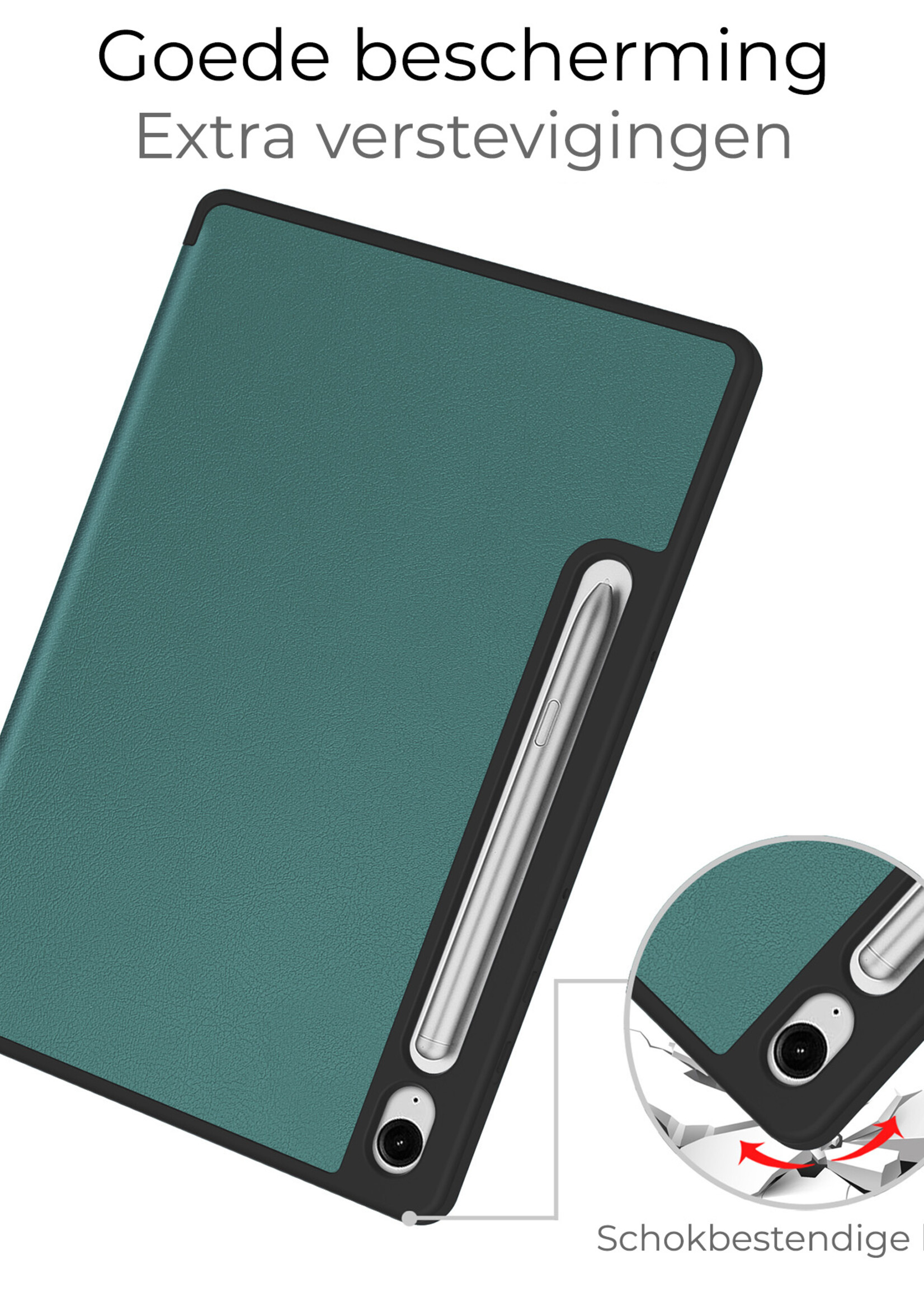BTH Hoes Geschikt voor Samsung Galaxy Tab S9 FE Hoes Book Case Hoesje Trifold Cover Met Uitsparing Geschikt voor S Pen Met Screenprotector - Hoesje Geschikt voor Samsung Tab S9 FE Hoesje Bookcase - Donkergroen