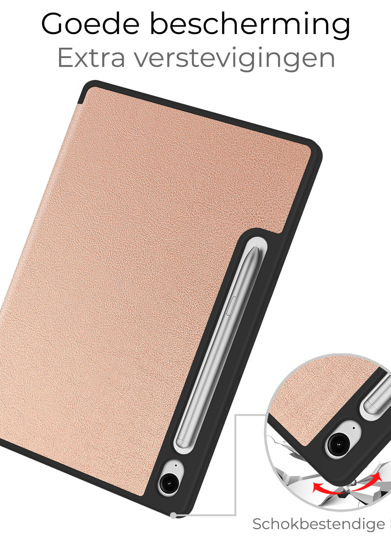 BTH Hoes Geschikt voor Samsung Galaxy Tab S9 FE Hoes Book Case Hoesje Trifold Cover Met Uitsparing Geschikt voor S Pen Met Screenprotector - Hoesje Geschikt voor Samsung Tab S9 FE Hoesje Bookcase - Rosé goud