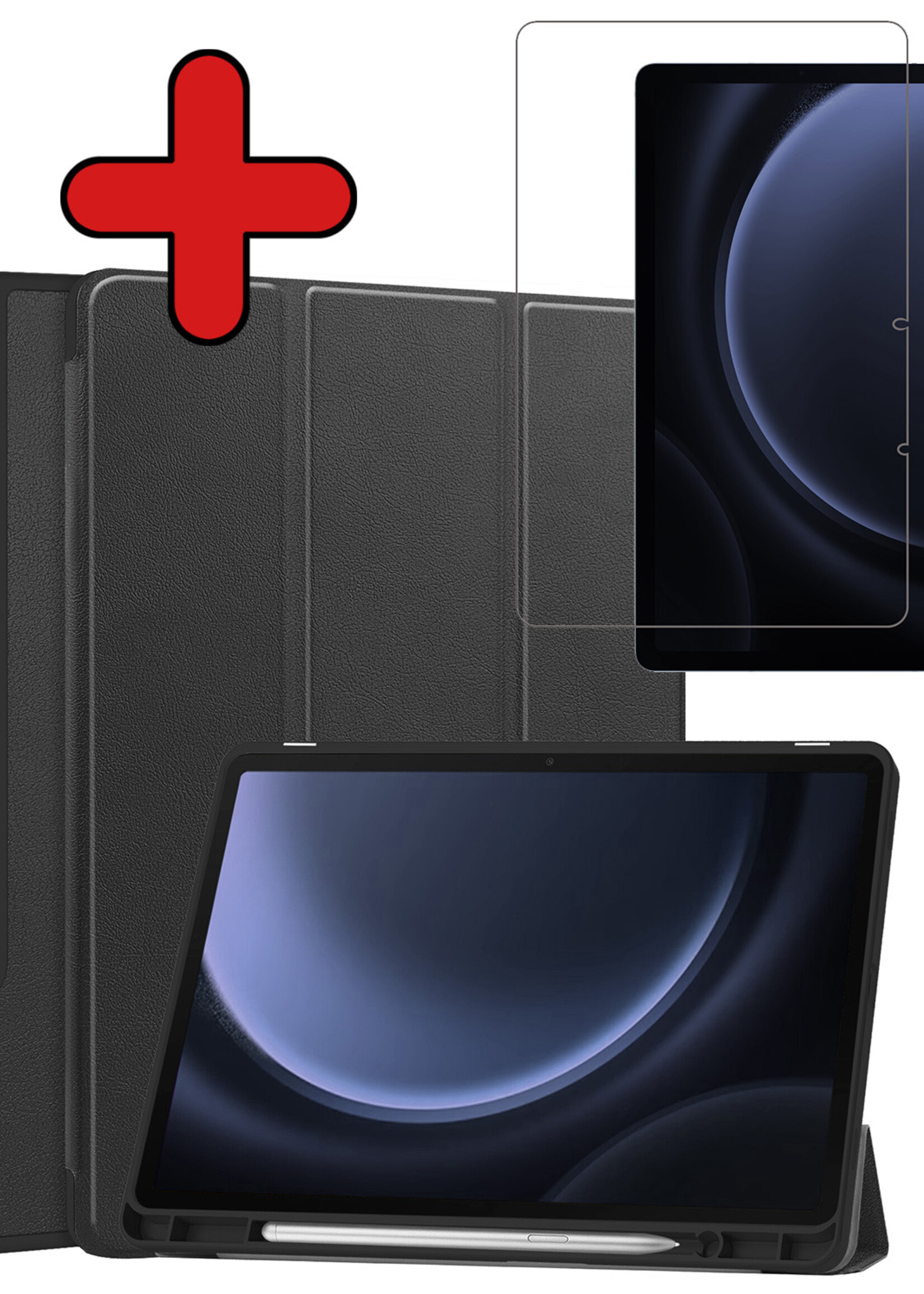 BTH Hoes Geschikt voor Samsung Galaxy Tab S9 FE Hoes Book Case Hoesje Trifold Cover Met Uitsparing Geschikt voor S Pen Met Screenprotector - Hoesje Geschikt voor Samsung Tab S9 FE Hoesje Bookcase - Zwart