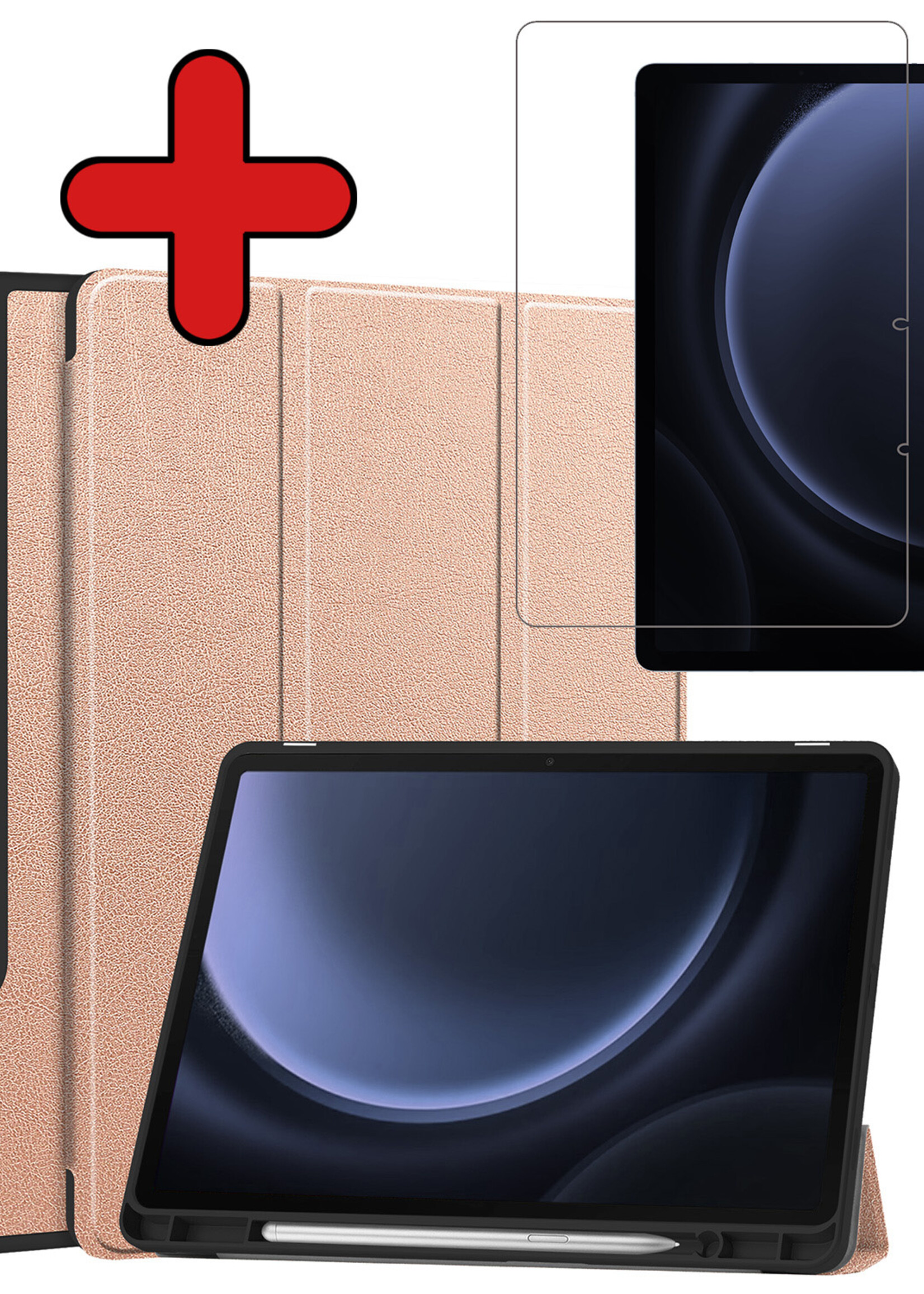 BTH Hoes Geschikt voor Samsung Galaxy Tab S9 FE Hoes Book Case Hoesje Trifold Cover Met Uitsparing Geschikt voor S Pen Met Screenprotector - Hoesje Geschikt voor Samsung Tab S9 FE Hoesje Bookcase - Rosé goud