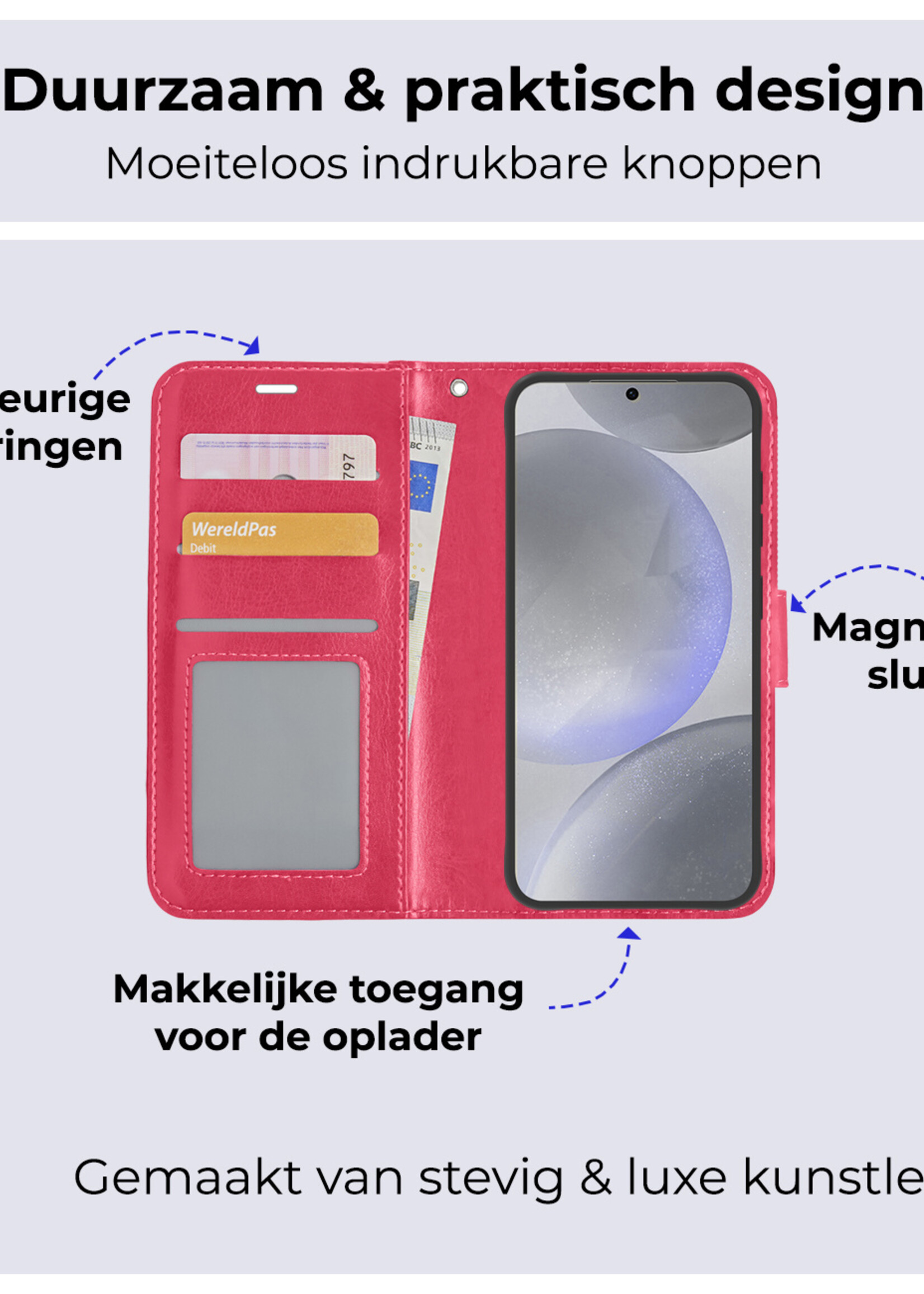 BTH Hoesje Geschikt voor Samsung S24 Plus Hoesje Book Case Hoes Portemonnee Cover Walletcase - Hoes Geschikt voor Samsung Galaxy S24 Plus Hoes Bookcase Hoesje - Donkerroze