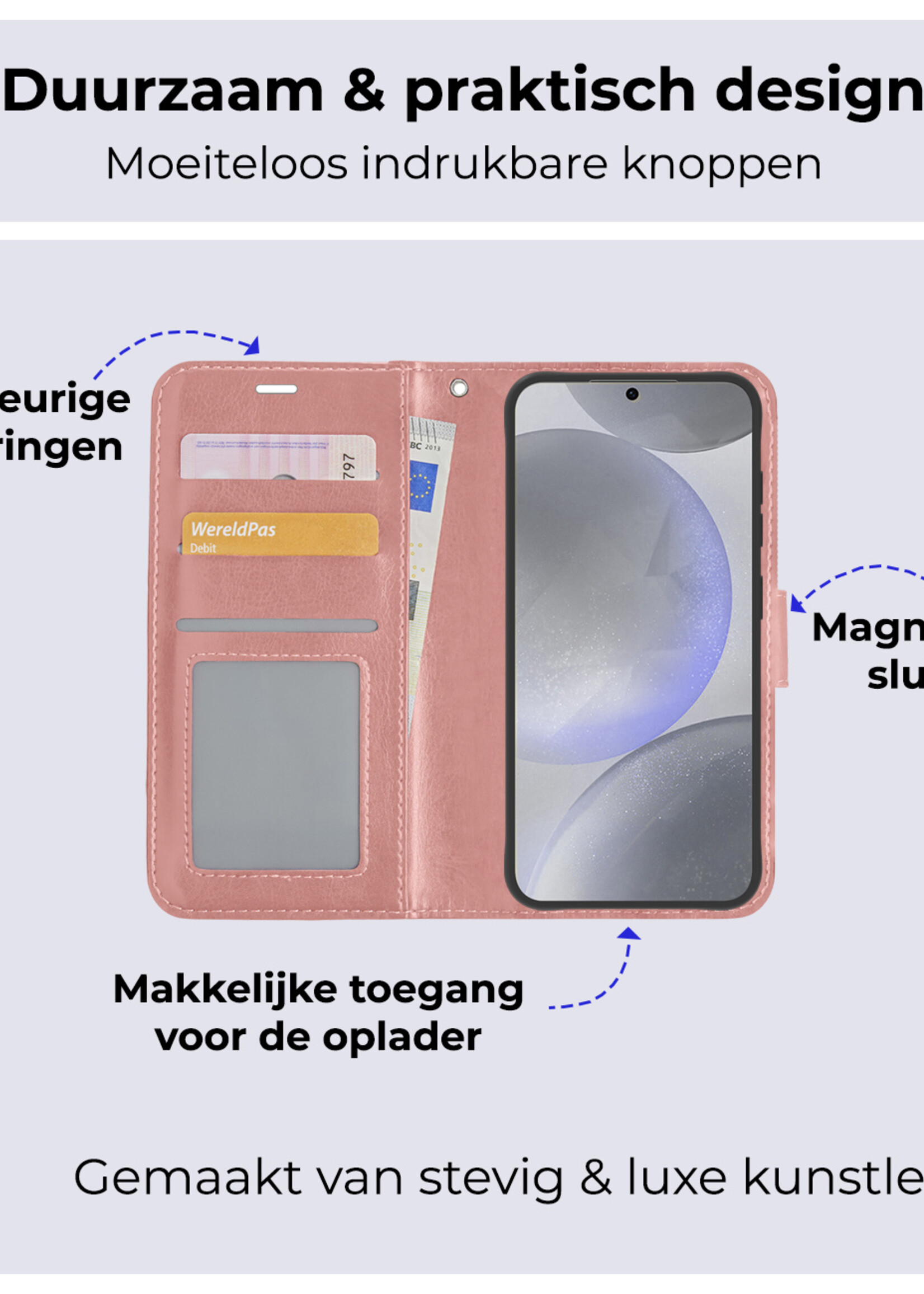 BTH Hoesje Geschikt voor Samsung S24 Hoesje Book Case Hoes Portemonnee Cover Walletcase - Hoes Geschikt voor Samsung Galaxy S24 Hoes Bookcase Hoesje - Rosé goud