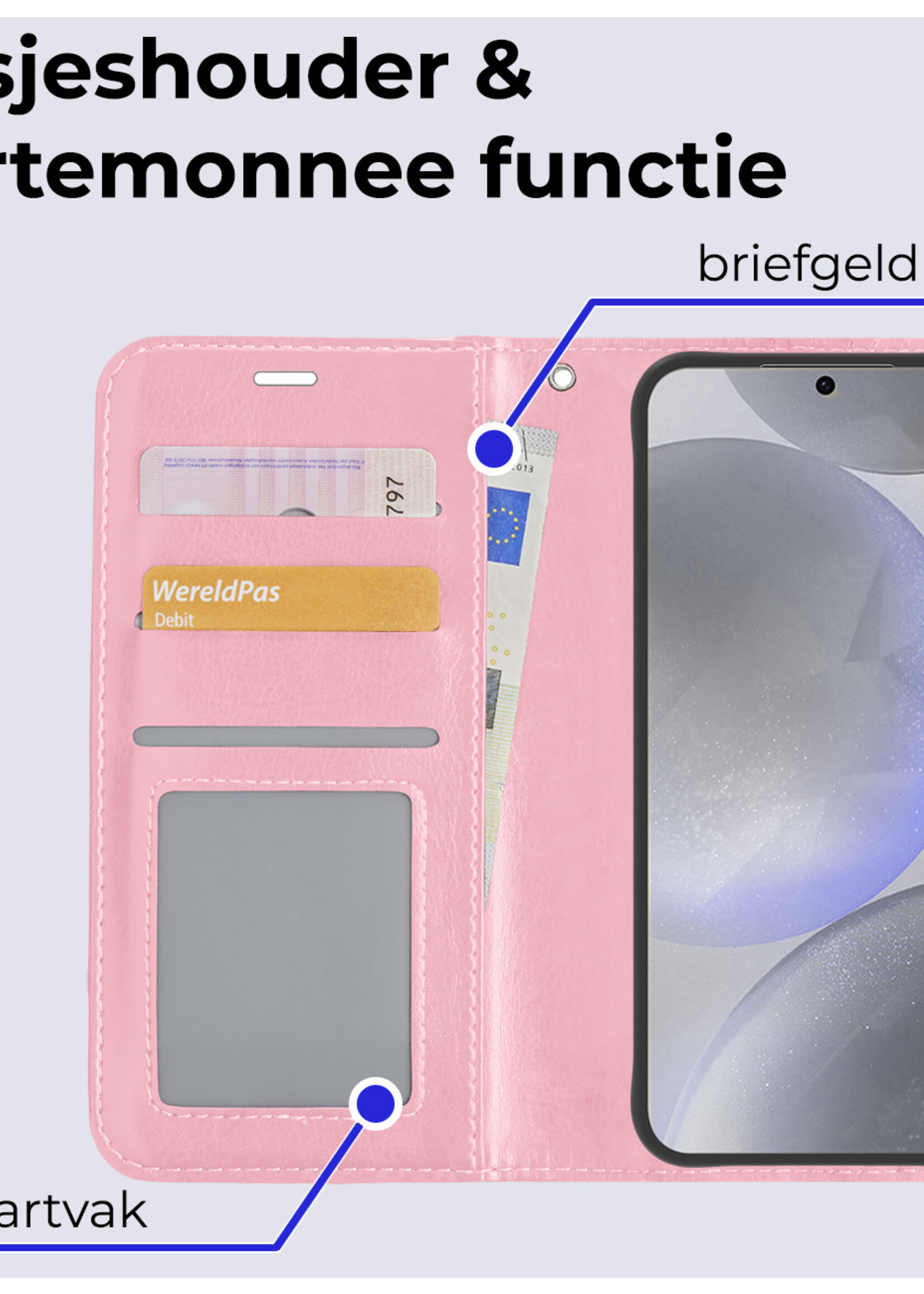 BTH Hoesje Geschikt voor Samsung S24 Plus Hoesje Book Case Hoes Portemonnee Cover Walletcase Met Screenprotector - Hoes Geschikt voor Samsung Galaxy S24 Plus Hoes Bookcase Hoesje - Lichtroze