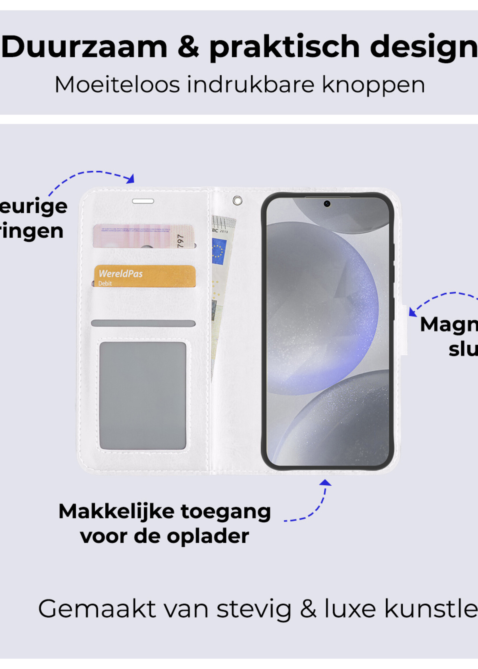 BTH Hoesje Geschikt voor Samsung S24 Plus Hoesje Book Case Hoes Portemonnee Cover Walletcase Met Screenprotector - Hoes Geschikt voor Samsung Galaxy S24 Plus Hoes Bookcase Hoesje - Wit