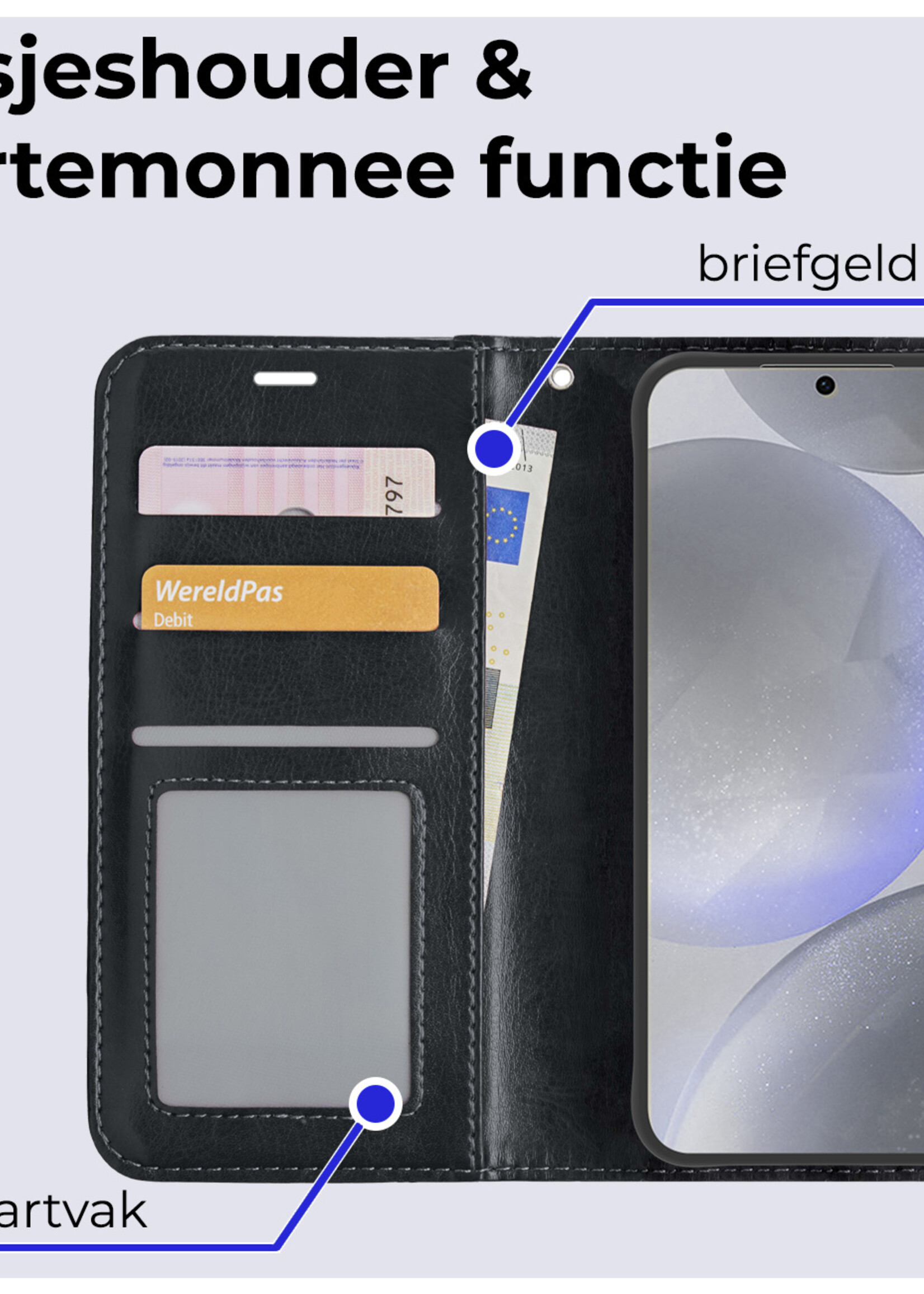 BTH Hoesje Geschikt voor Samsung S24 Plus Hoesje Book Case Hoes Portemonnee Cover Walletcase Met Screenprotector - Hoes Geschikt voor Samsung Galaxy S24 Plus Hoes Bookcase Hoesje - Zwart