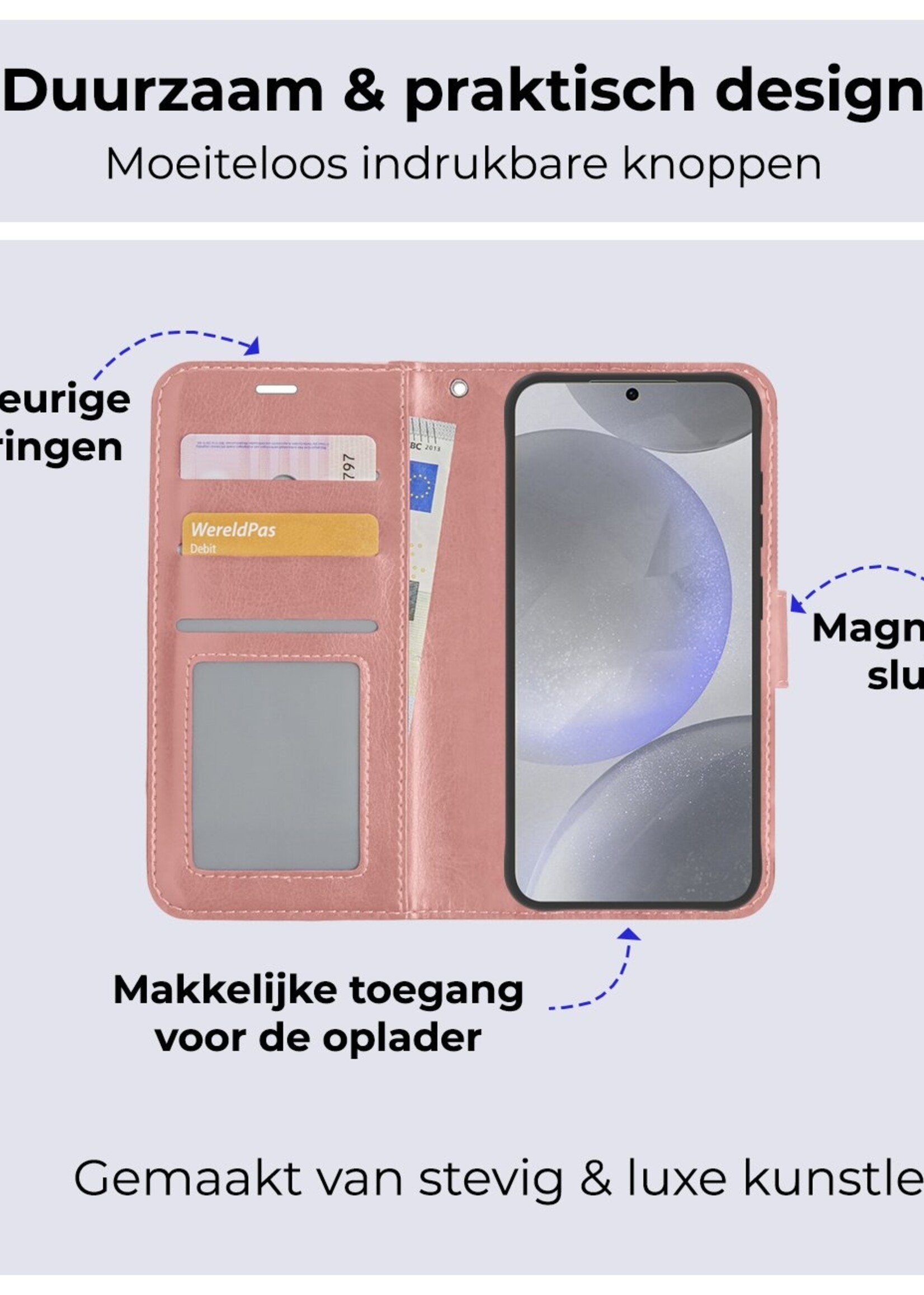 BTH Hoesje Geschikt voor Samsung S24 Plus Hoesje Book Case Hoes Portemonnee Cover Walletcase Met 2x Screenprotector - Hoes Geschikt voor Samsung Galaxy S24 Plus Hoes Bookcase Hoesje - Rosé goud