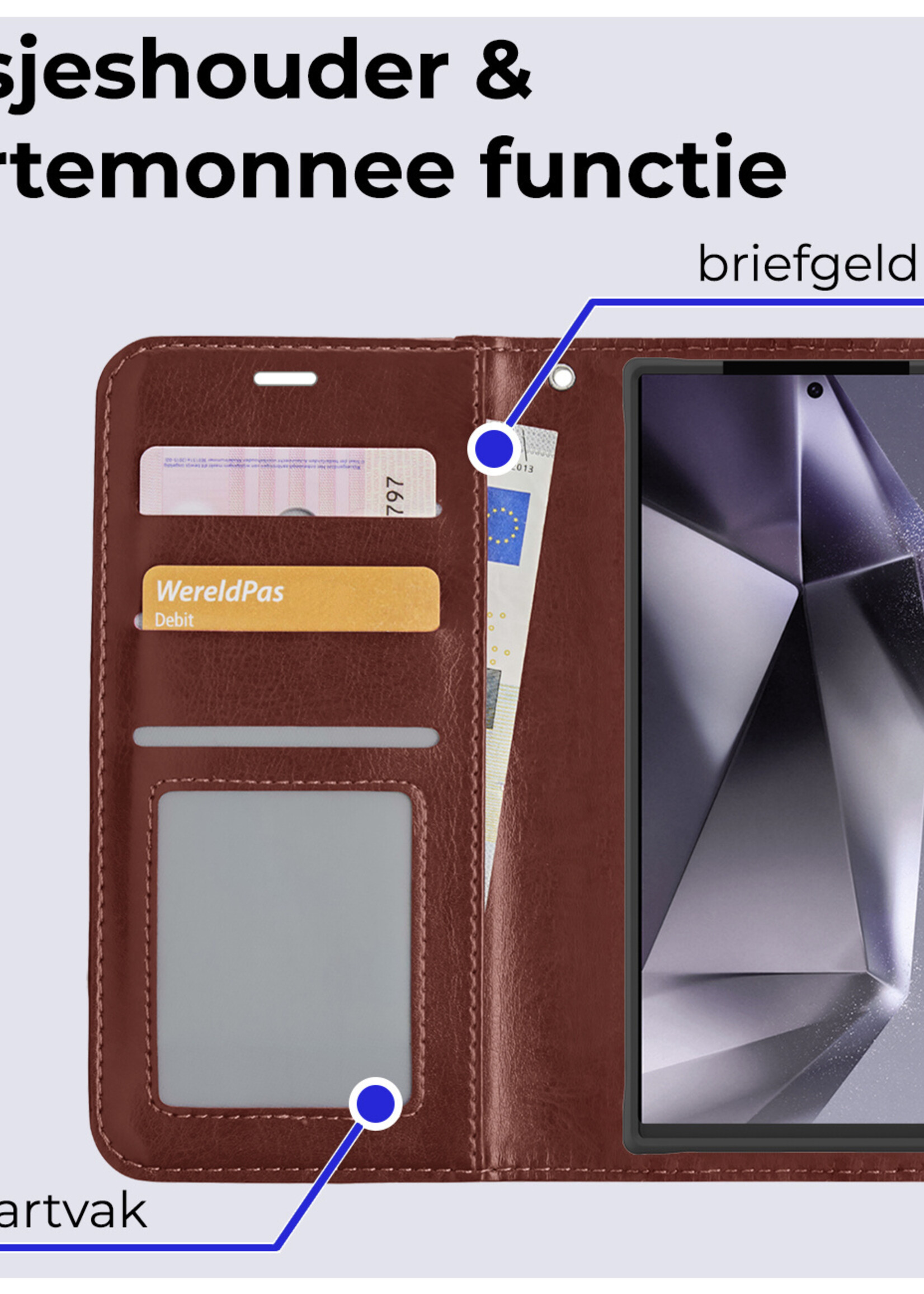 BTH Hoesje Geschikt voor Samsung S24 Ultra Hoesje Book Case Hoes Portemonnee Cover Walletcase Met Screenprotector - Hoes Geschikt voor Samsung Galaxy S24 Ultra Hoes Bookcase Hoesje - Bruin