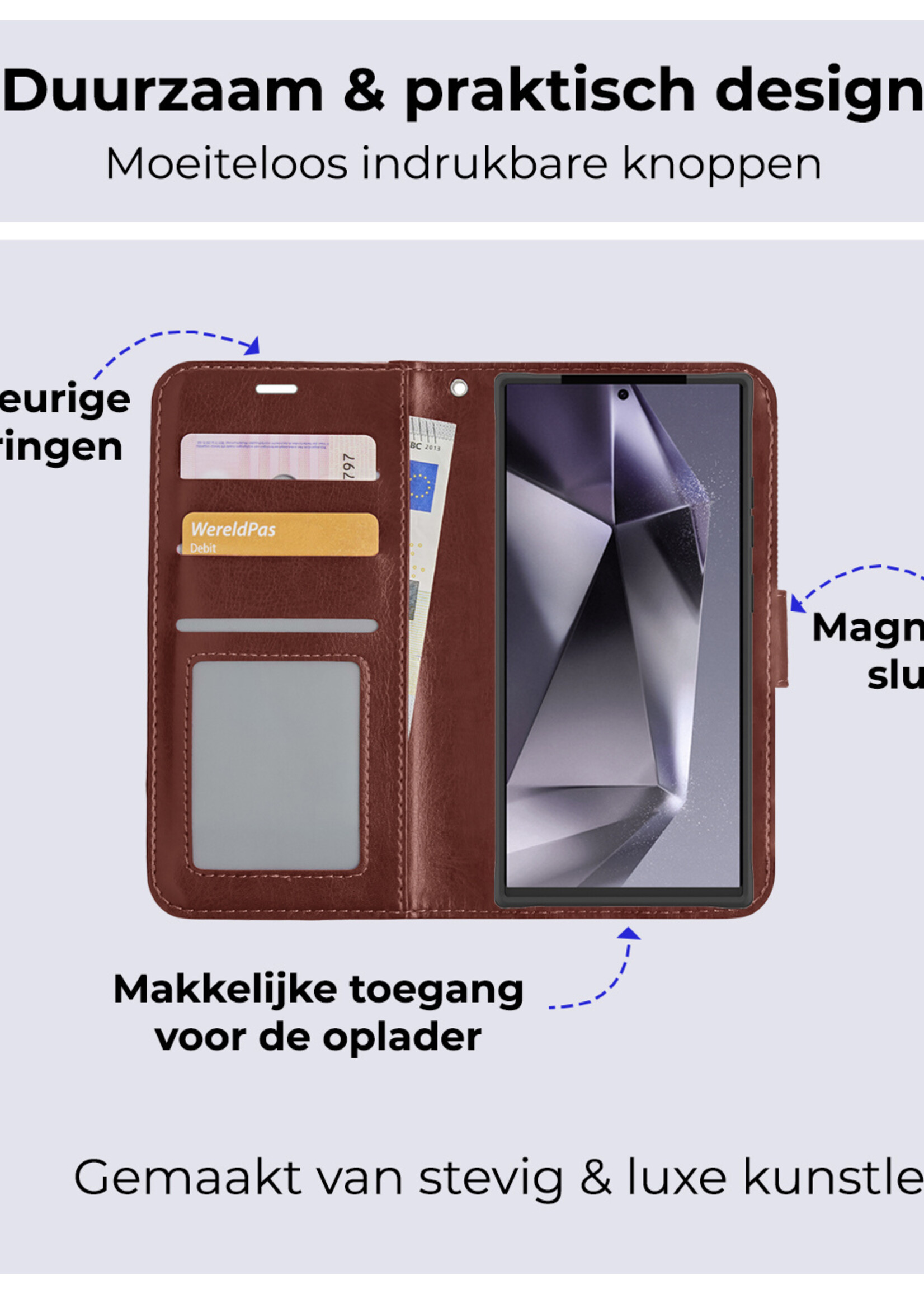 BTH Hoesje Geschikt voor Samsung S24 Ultra Hoesje Book Case Hoes Portemonnee Cover Walletcase Met Screenprotector - Hoes Geschikt voor Samsung Galaxy S24 Ultra Hoes Bookcase Hoesje - Bruin