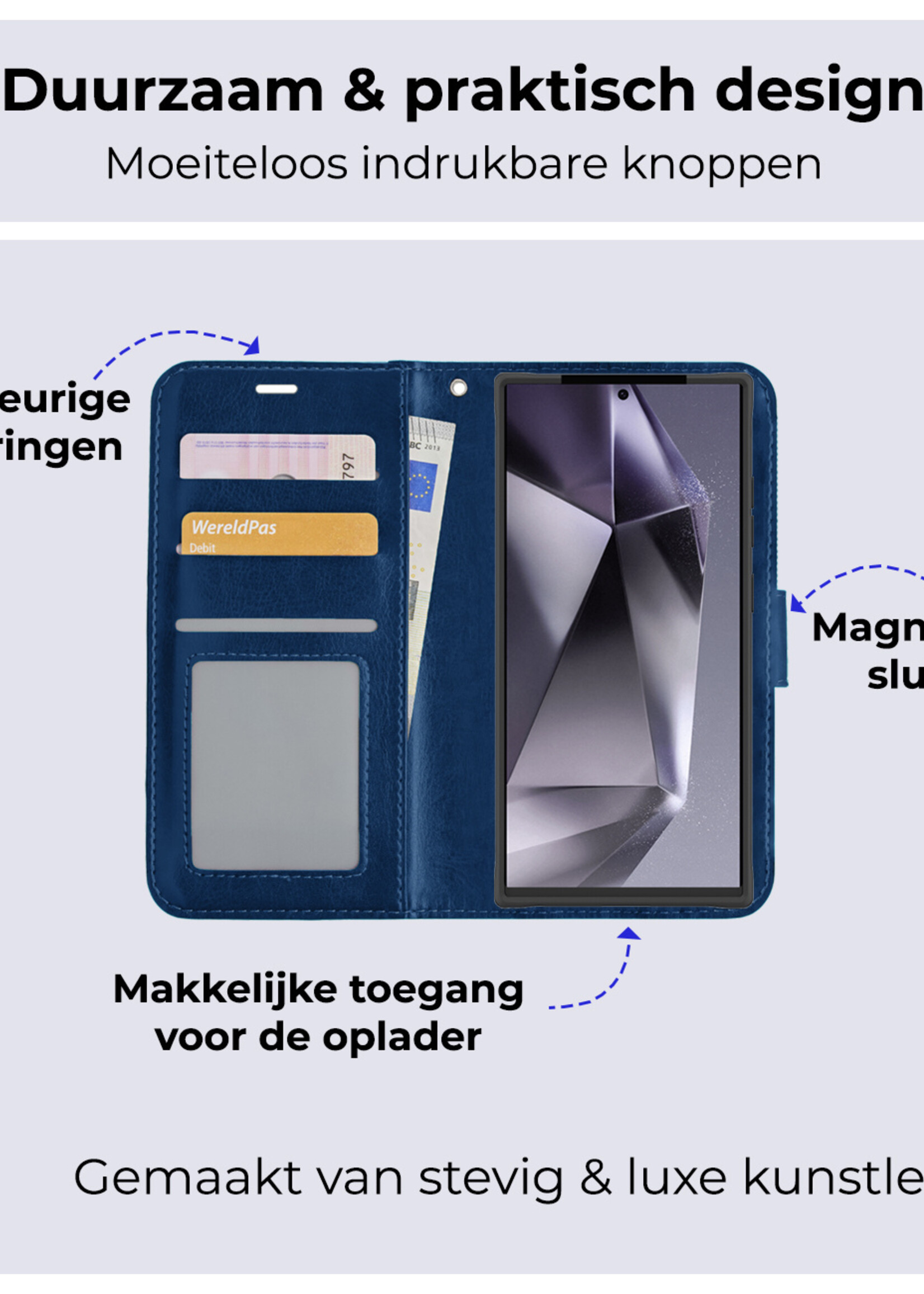 BTH Hoesje Geschikt voor Samsung S24 Ultra Hoesje Book Case Hoes Portemonnee Cover Walletcase Met Screenprotector - Hoes Geschikt voor Samsung Galaxy S24 Ultra Hoes Bookcase Hoesje - Donkerblauw