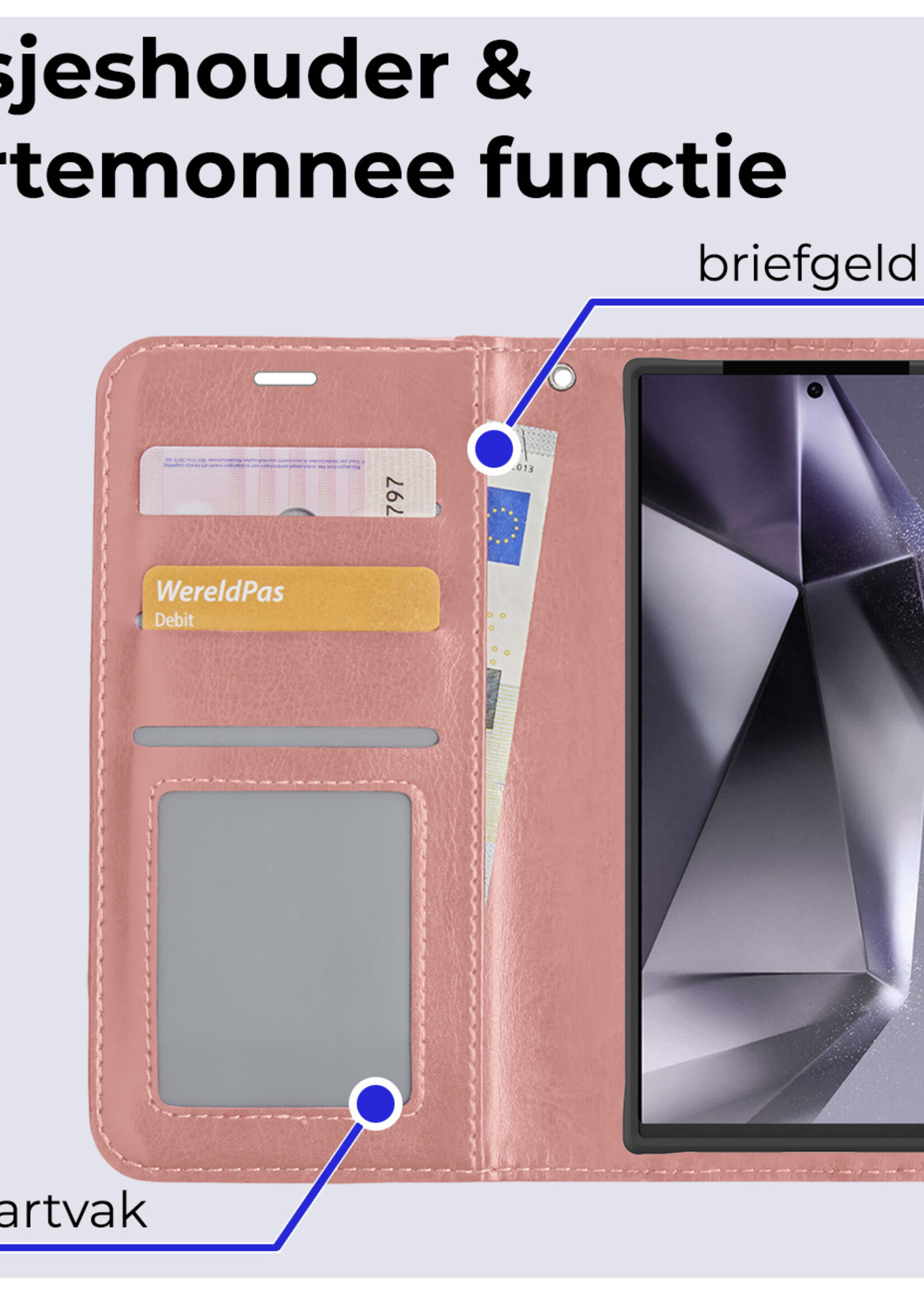 BTH Hoesje Geschikt voor Samsung S24 Ultra Hoesje Book Case Hoes Portemonnee Cover Walletcase Met Screenprotector - Hoes Geschikt voor Samsung Galaxy S24 Ultra Hoes Bookcase Hoesje - Rosé goud