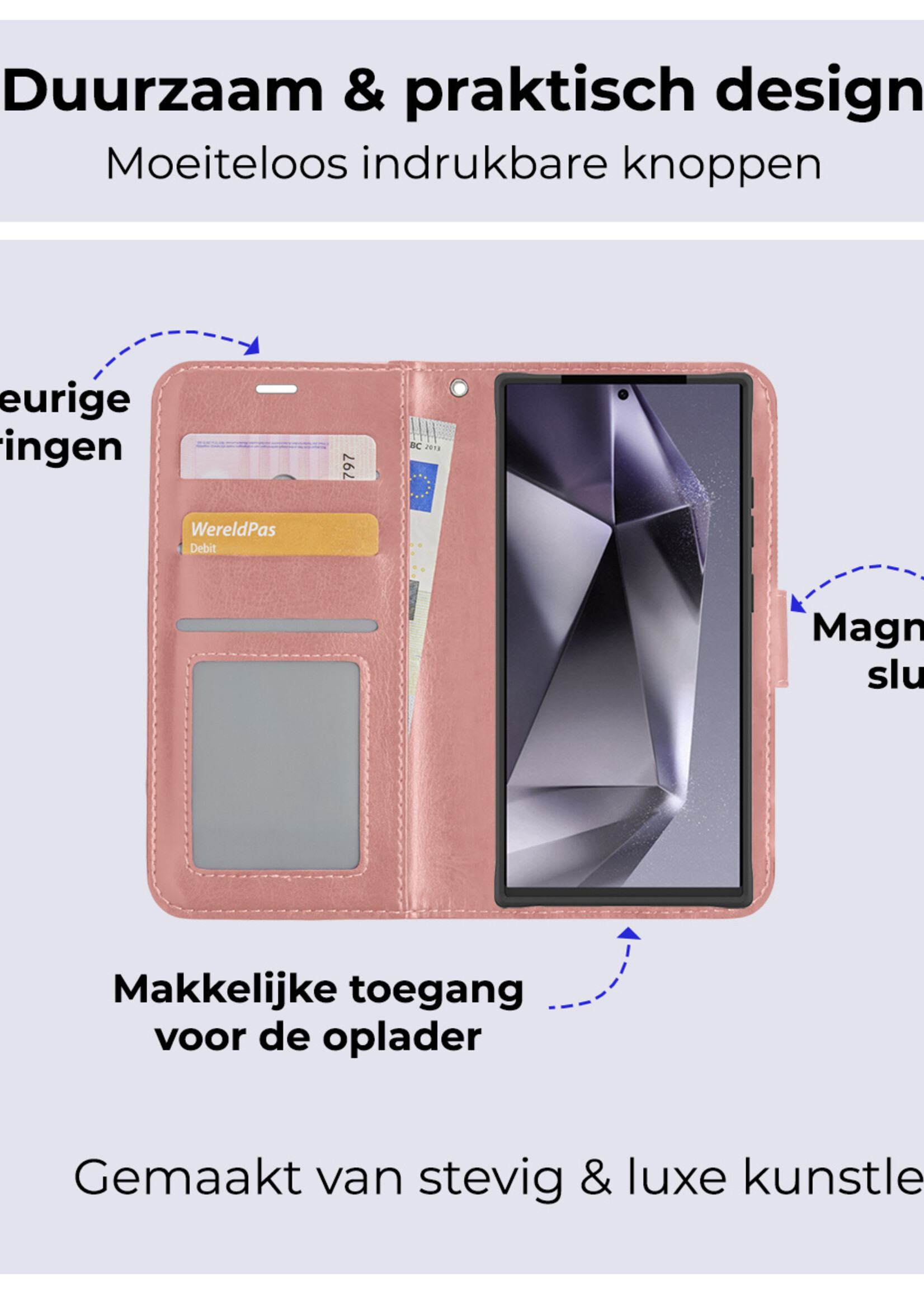 BTH Hoesje Geschikt voor Samsung S24 Ultra Hoesje Book Case Hoes Portemonnee Cover Walletcase Met Screenprotector - Hoes Geschikt voor Samsung Galaxy S24 Ultra Hoes Bookcase Hoesje - Rosé goud