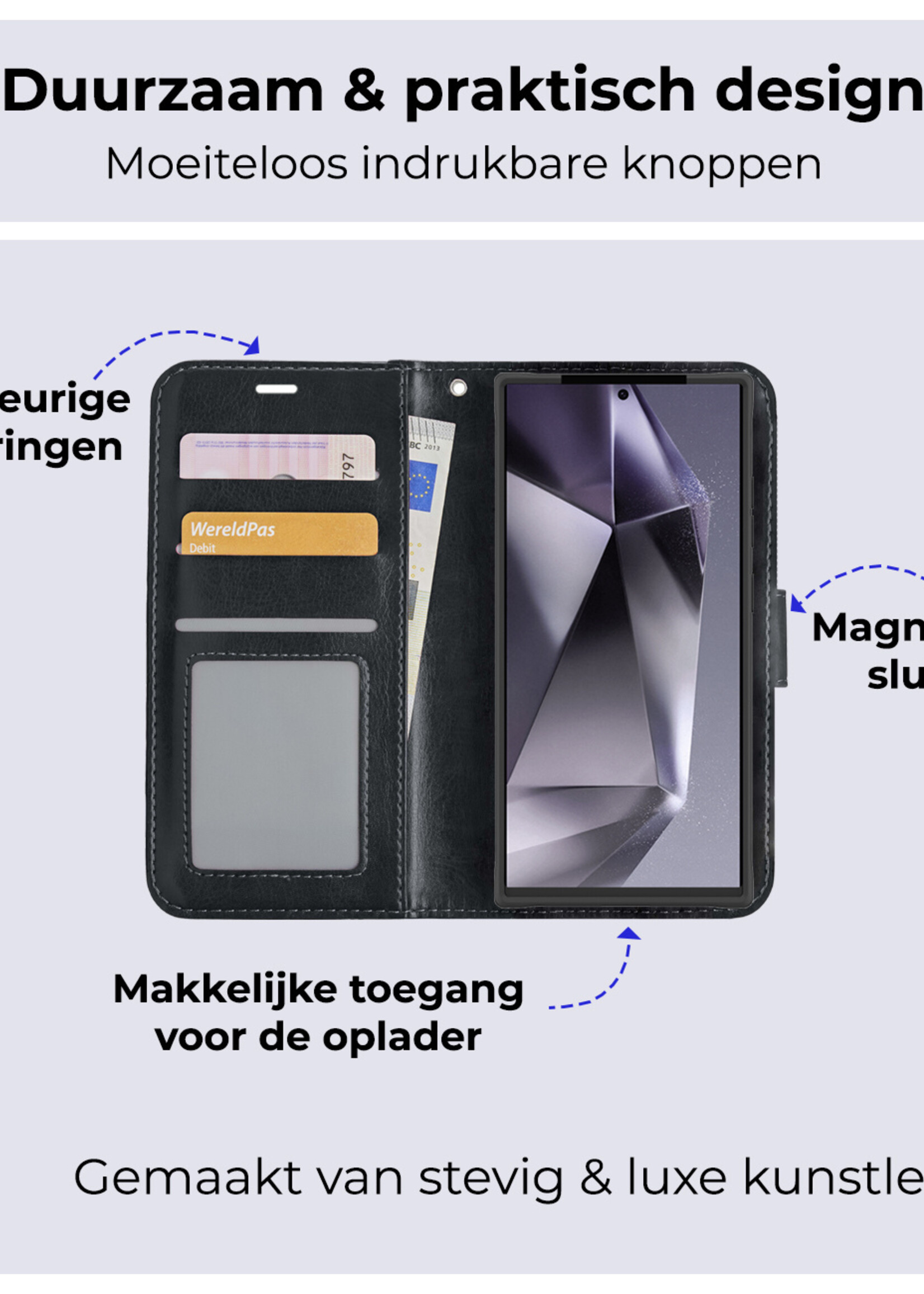 BTH Hoesje Geschikt voor Samsung S24 Ultra Hoesje Book Case Hoes Portemonnee Cover Walletcase Met Screenprotector - Hoes Geschikt voor Samsung Galaxy S24 Ultra Hoes Bookcase Hoesje - Zwart