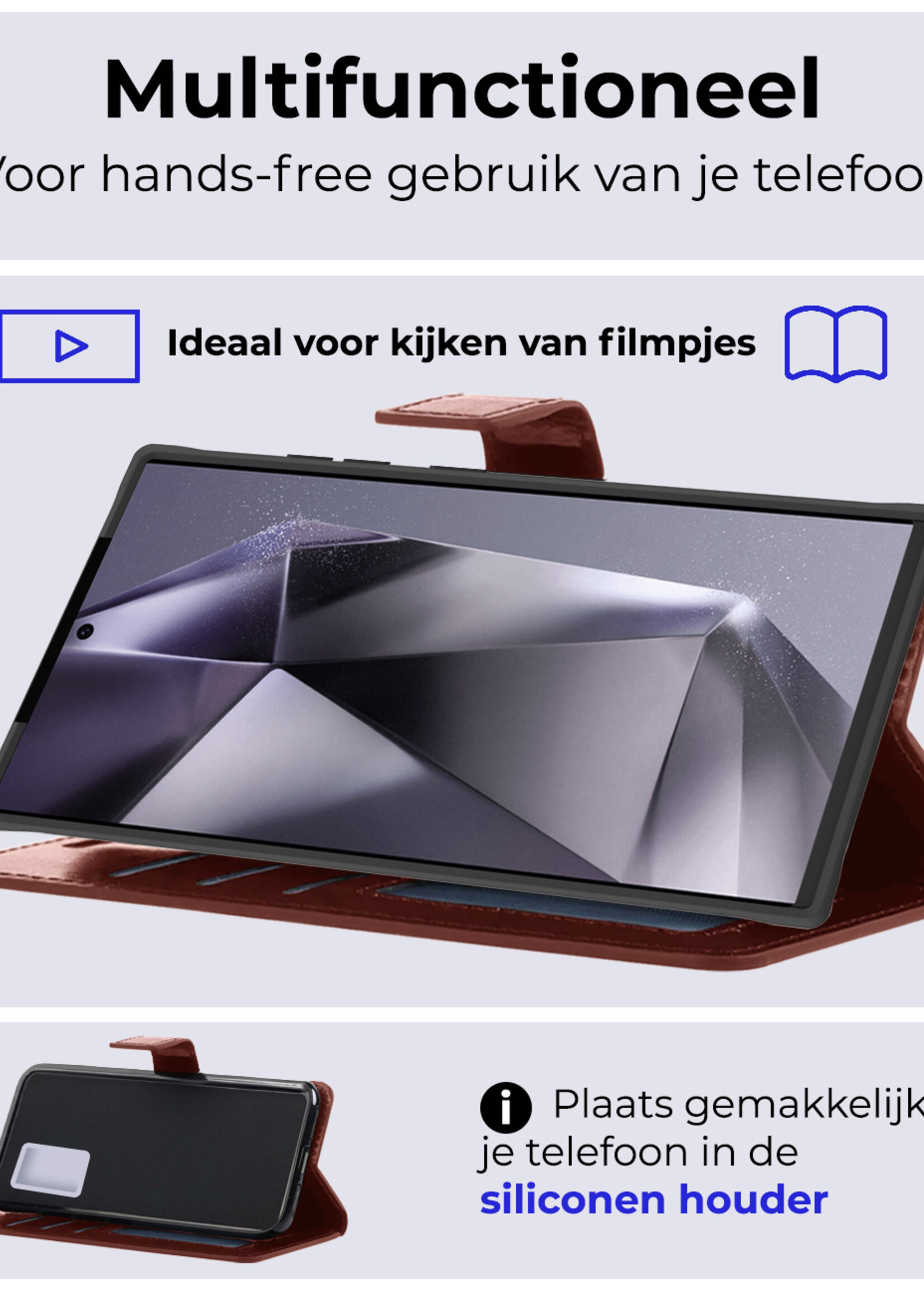 BTH Hoesje Geschikt voor Samsung S24 Ultra Hoesje Book Case Hoes Portemonnee Cover Walletcase Met 2x Screenprotector - Hoes Geschikt voor Samsung Galaxy S24 Ultra Hoes Bookcase Hoesje - Bruin
