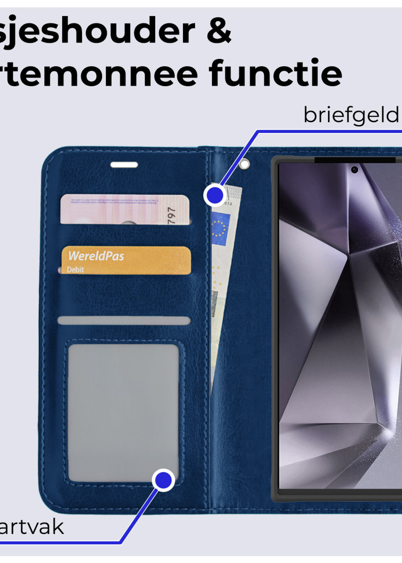 BTH Hoesje Geschikt voor Samsung S24 Ultra Hoesje Book Case Hoes Portemonnee Cover Walletcase Met 2x Screenprotector - Hoes Geschikt voor Samsung Galaxy S24 Ultra Hoes Bookcase Hoesje - Donkerblauw