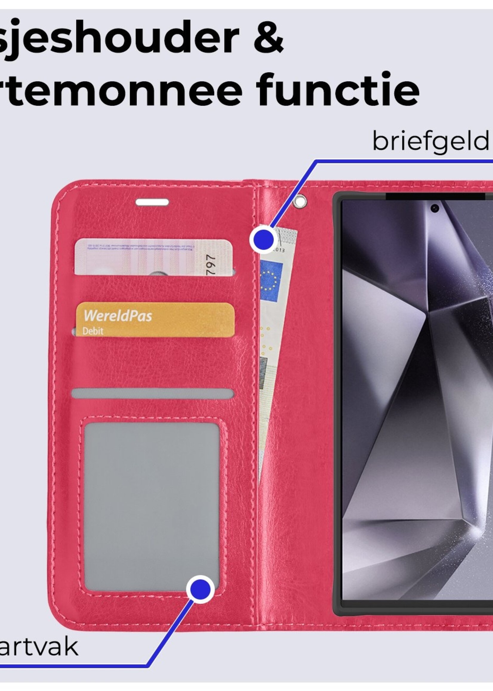 BTH Hoesje Geschikt voor Samsung S24 Ultra Hoesje Book Case Hoes Portemonnee Cover Walletcase Met 2x Screenprotector - Hoes Geschikt voor Samsung Galaxy S24 Ultra Hoes Bookcase Hoesje - Donkerroze