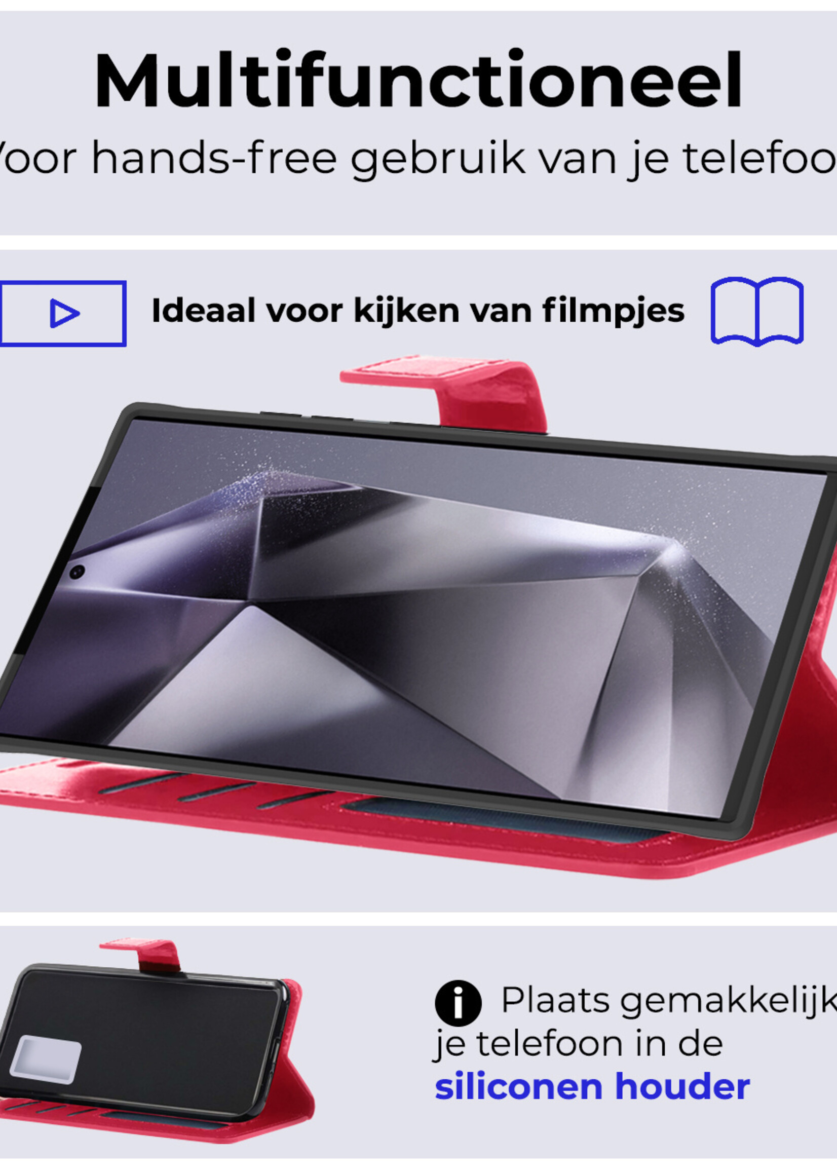 BTH Hoesje Geschikt voor Samsung S24 Ultra Hoesje Book Case Hoes Portemonnee Cover Walletcase Met 2x Screenprotector - Hoes Geschikt voor Samsung Galaxy S24 Ultra Hoes Bookcase Hoesje - Donkerroze