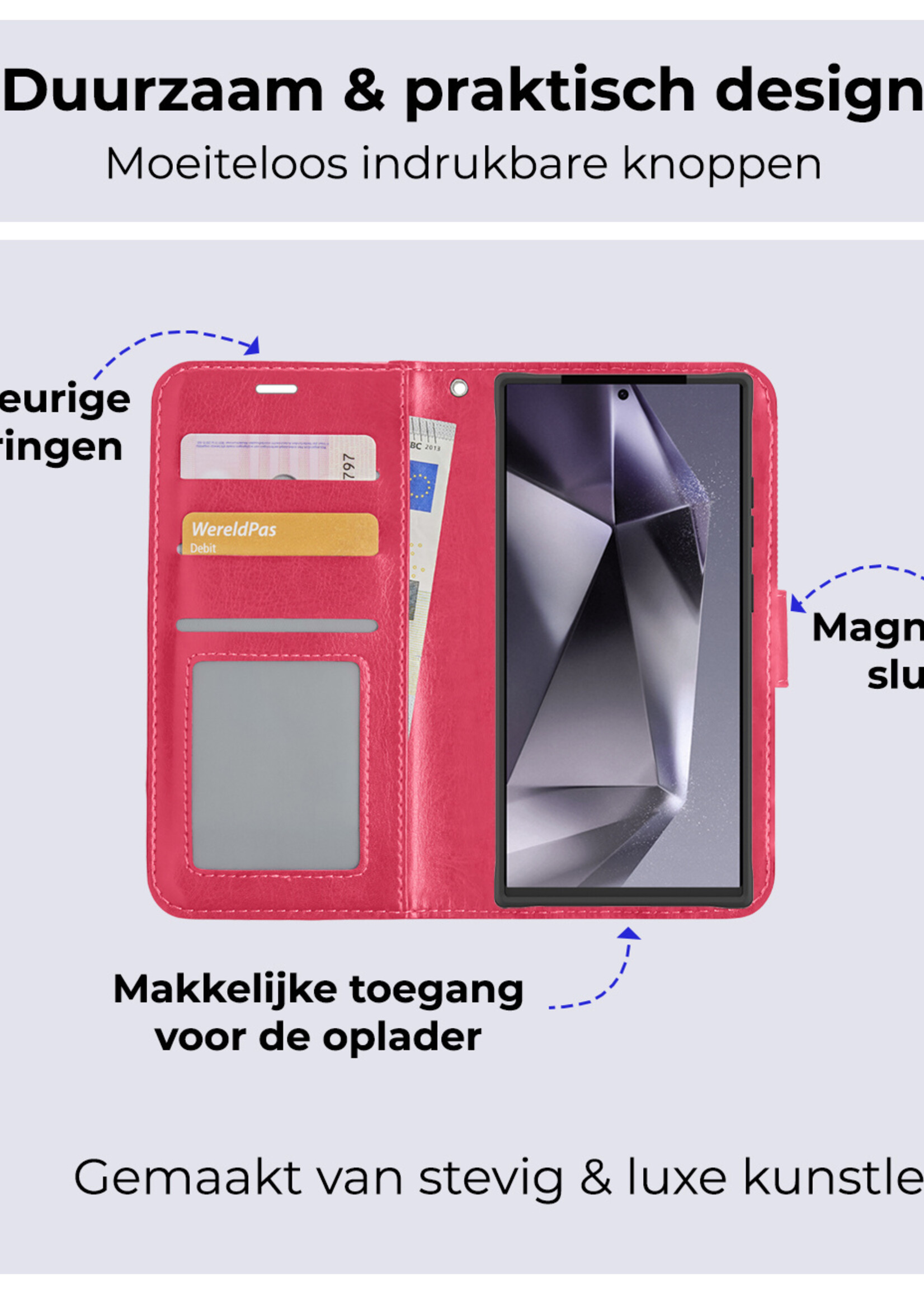 BTH Hoesje Geschikt voor Samsung S24 Ultra Hoesje Book Case Hoes Portemonnee Cover Walletcase Met 2x Screenprotector - Hoes Geschikt voor Samsung Galaxy S24 Ultra Hoes Bookcase Hoesje - Donkerroze