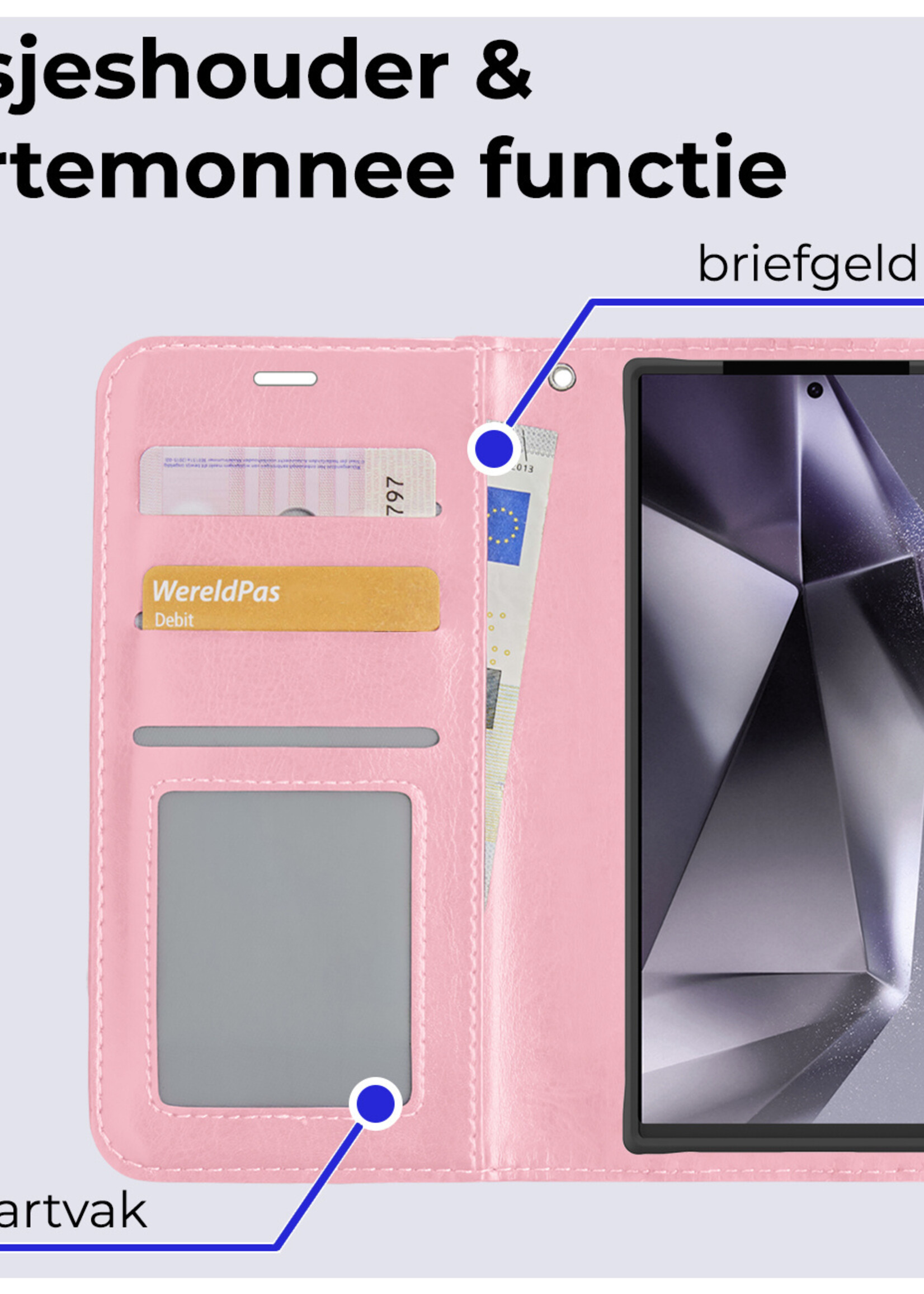 BTH Hoesje Geschikt voor Samsung S24 Ultra Hoesje Book Case Hoes Portemonnee Cover Walletcase Met 2x Screenprotector - Hoes Geschikt voor Samsung Galaxy S24 Ultra Hoes Bookcase Hoesje - Lichtroze