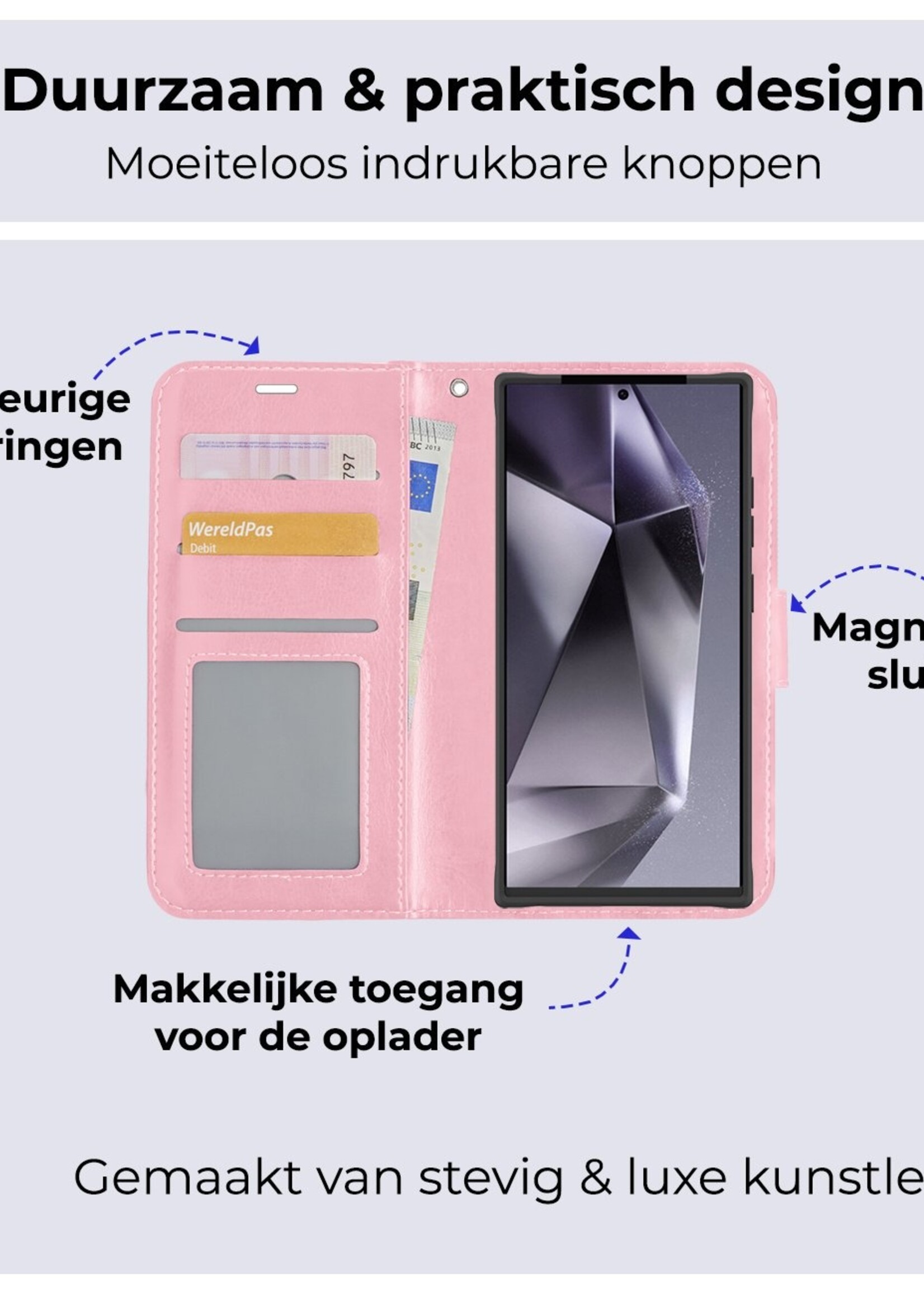 BTH Hoesje Geschikt voor Samsung S24 Ultra Hoesje Book Case Hoes Portemonnee Cover Walletcase Met 2x Screenprotector - Hoes Geschikt voor Samsung Galaxy S24 Ultra Hoes Bookcase Hoesje - Lichtroze