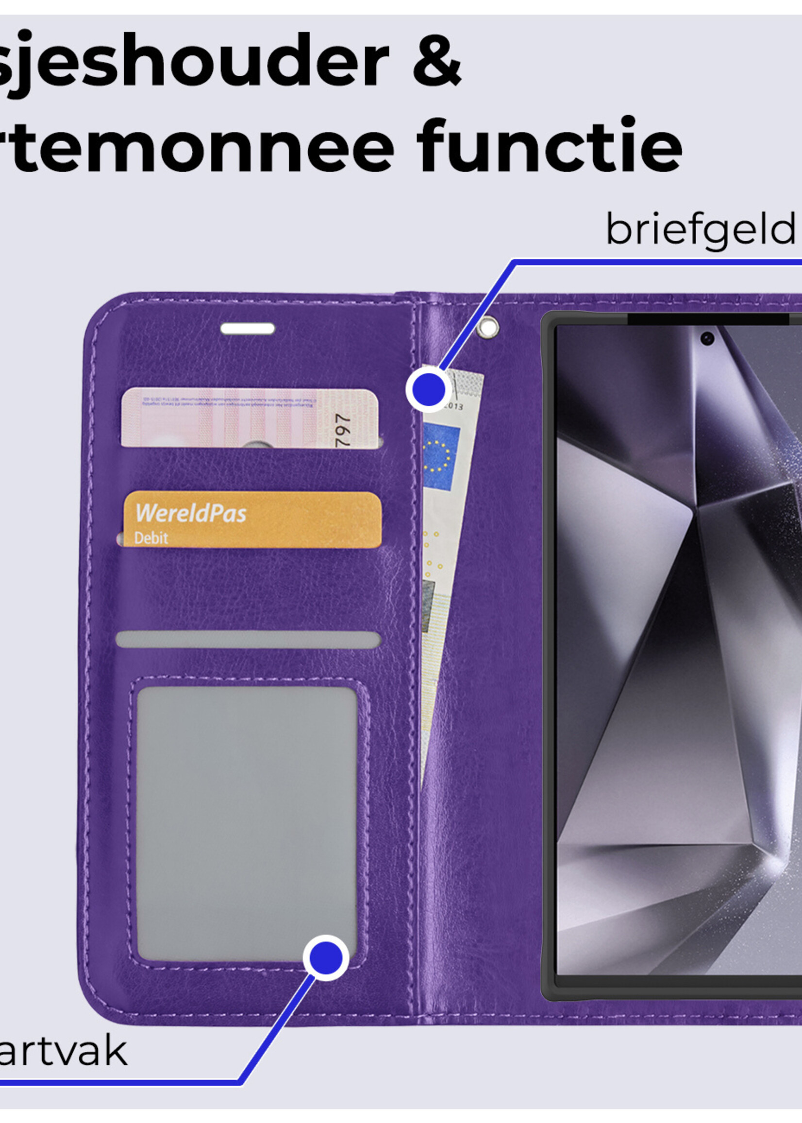 BTH Hoesje Geschikt voor Samsung S24 Ultra Hoesje Book Case Hoes Portemonnee Cover Walletcase Met 2x Screenprotector - Hoes Geschikt voor Samsung Galaxy S24 Ultra Hoes Bookcase Hoesje - Paars