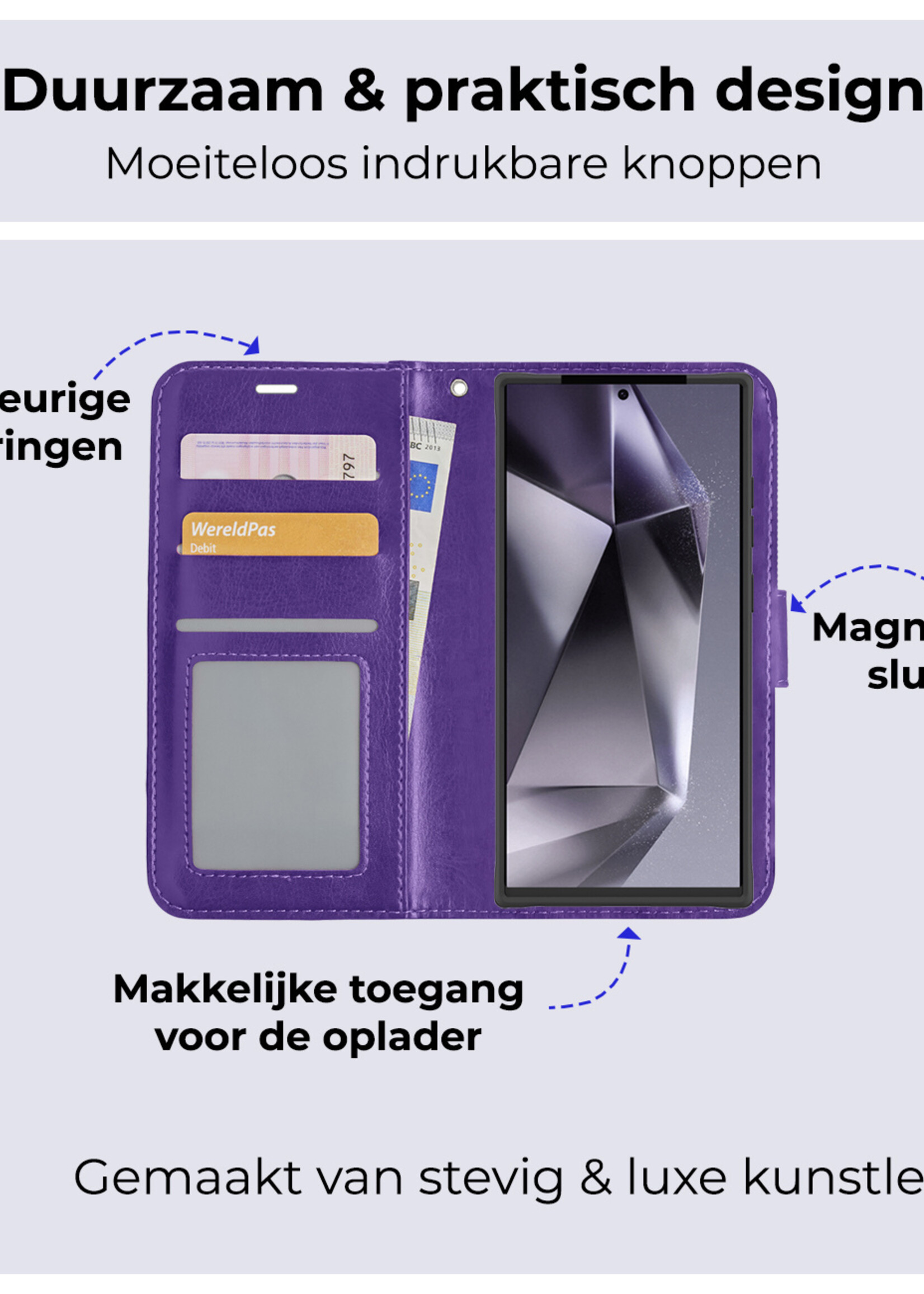 BTH Hoesje Geschikt voor Samsung S24 Ultra Hoesje Book Case Hoes Portemonnee Cover Walletcase Met 2x Screenprotector - Hoes Geschikt voor Samsung Galaxy S24 Ultra Hoes Bookcase Hoesje - Paars