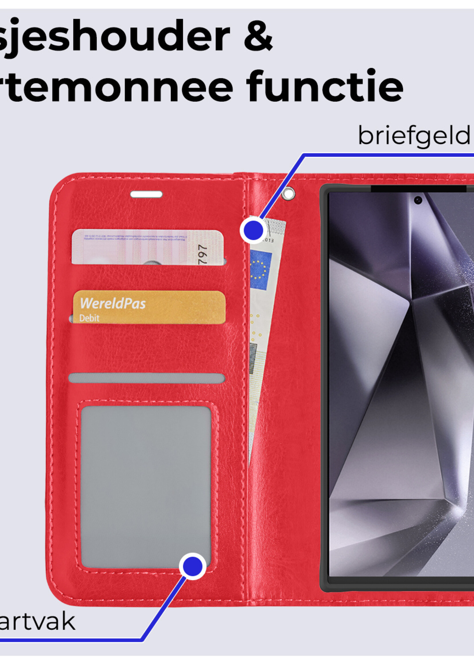BTH Hoesje Geschikt voor Samsung S24 Ultra Hoesje Book Case Hoes Portemonnee Cover Walletcase Met 2x Screenprotector - Hoes Geschikt voor Samsung Galaxy S24 Ultra Hoes Bookcase Hoesje - Rood