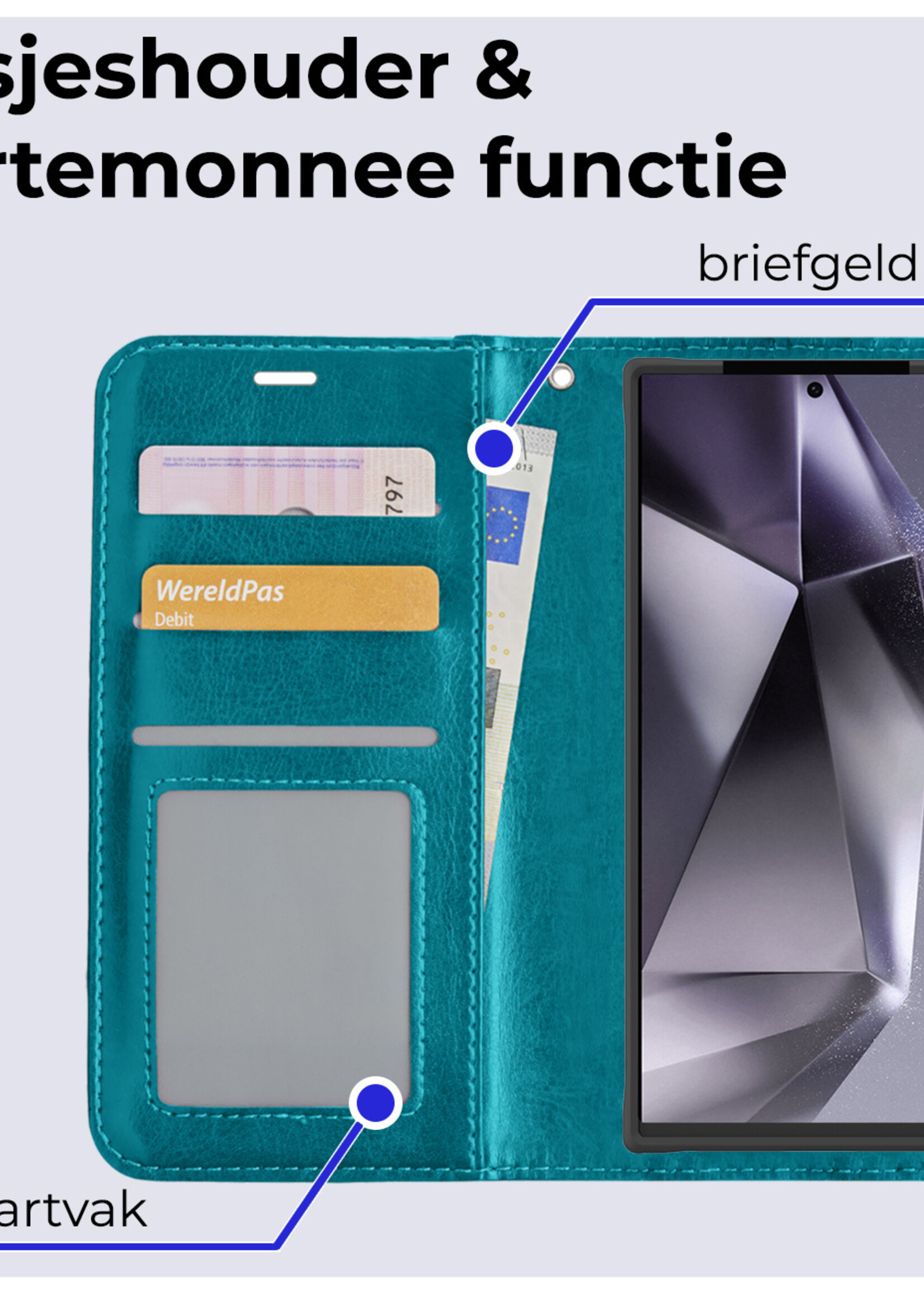 BTH Hoesje Geschikt voor Samsung S24 Ultra Hoesje Book Case Hoes Portemonnee Cover Walletcase Met 2x Screenprotector - Hoes Geschikt voor Samsung Galaxy S24 Ultra Hoes Bookcase Hoesje - Turquoise