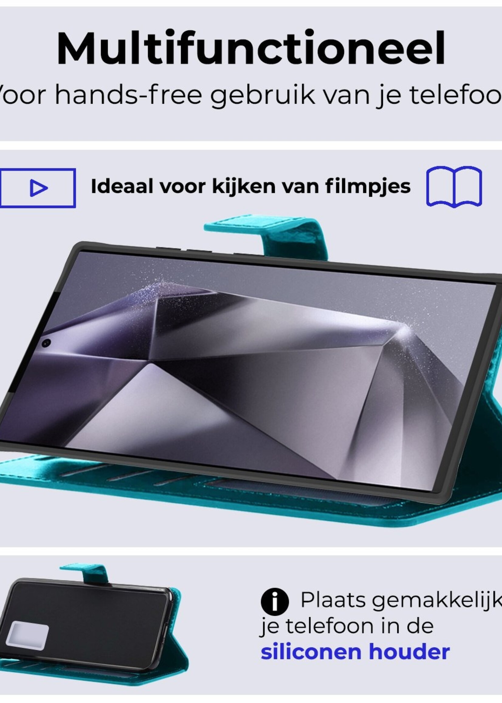 BTH Hoesje Geschikt voor Samsung S24 Ultra Hoesje Book Case Hoes Portemonnee Cover Walletcase Met 2x Screenprotector - Hoes Geschikt voor Samsung Galaxy S24 Ultra Hoes Bookcase Hoesje - Turquoise