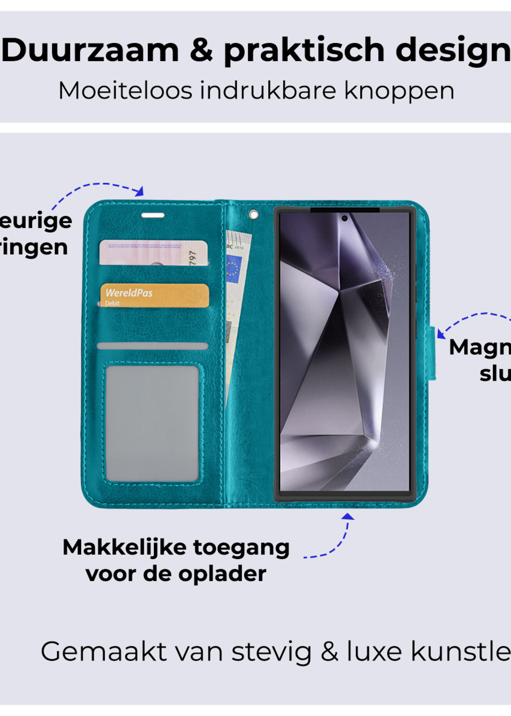 BTH Hoesje Geschikt voor Samsung S24 Ultra Hoesje Book Case Hoes Portemonnee Cover Walletcase Met 2x Screenprotector - Hoes Geschikt voor Samsung Galaxy S24 Ultra Hoes Bookcase Hoesje - Turquoise