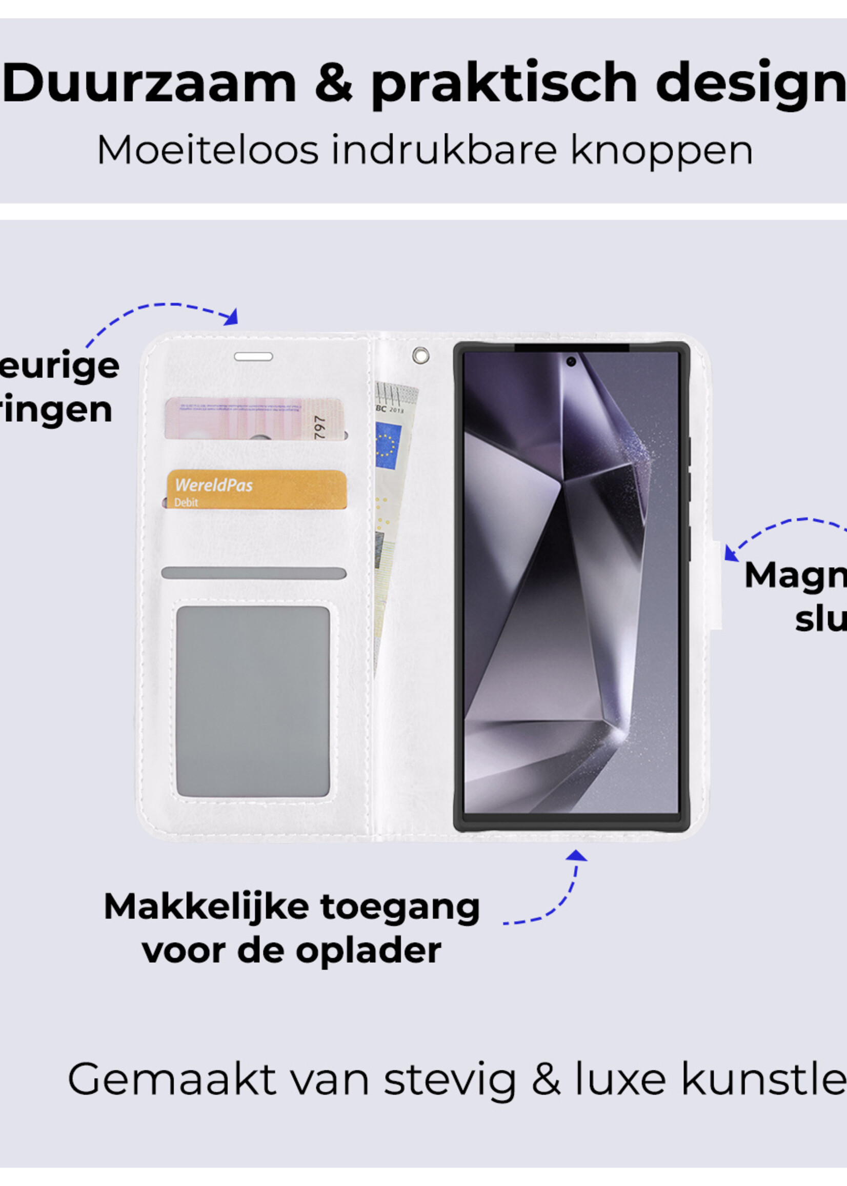BTH Hoesje Geschikt voor Samsung S24 Ultra Hoesje Book Case Hoes Portemonnee Cover Walletcase Met 2x Screenprotector - Hoes Geschikt voor Samsung Galaxy S24 Ultra Hoes Bookcase Hoesje - Wit