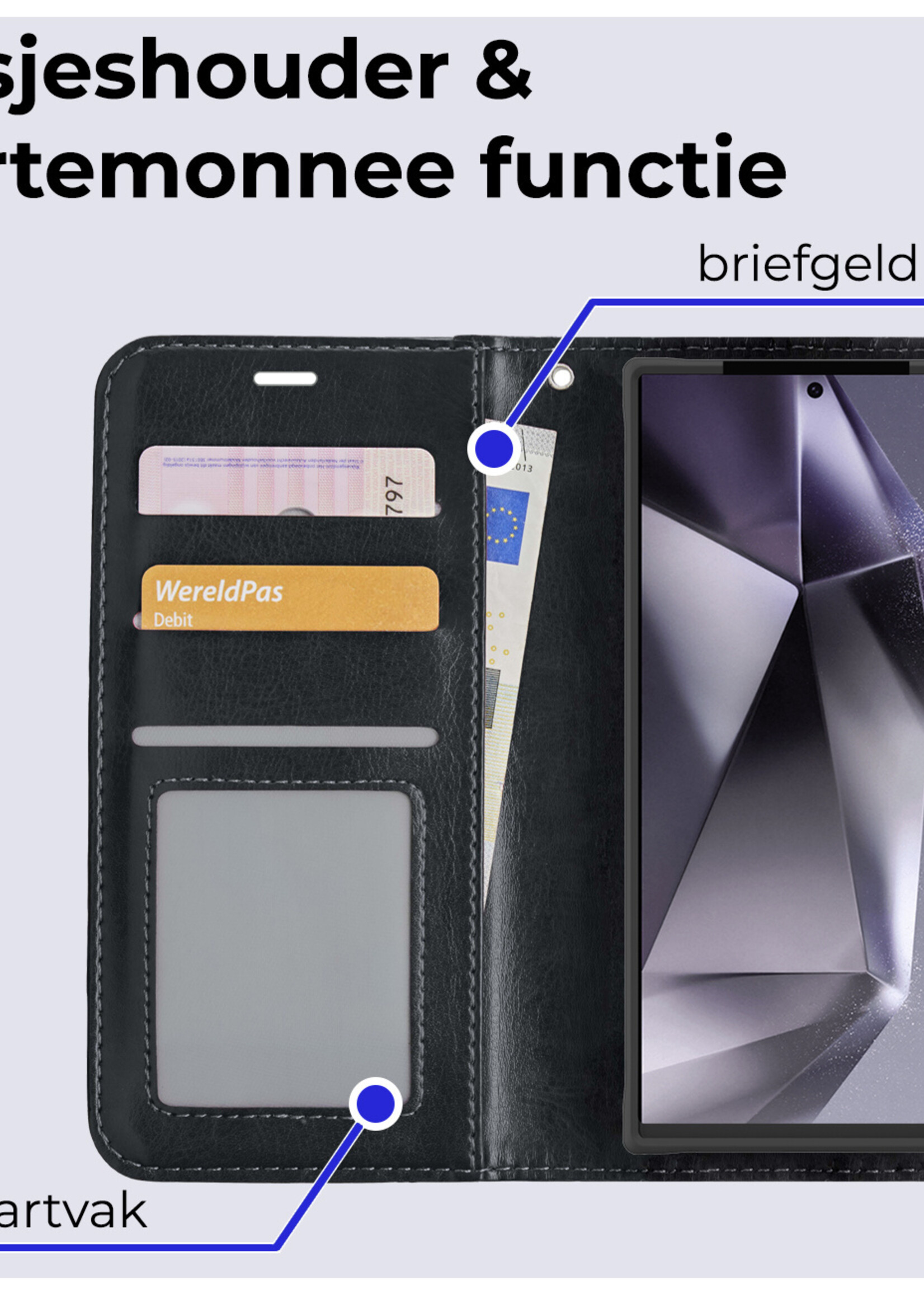 BTH Hoesje Geschikt voor Samsung S24 Ultra Hoesje Book Case Hoes Portemonnee Cover Walletcase Met 2x Screenprotector - Hoes Geschikt voor Samsung Galaxy S24 Ultra Hoes Bookcase Hoesje - Zwart