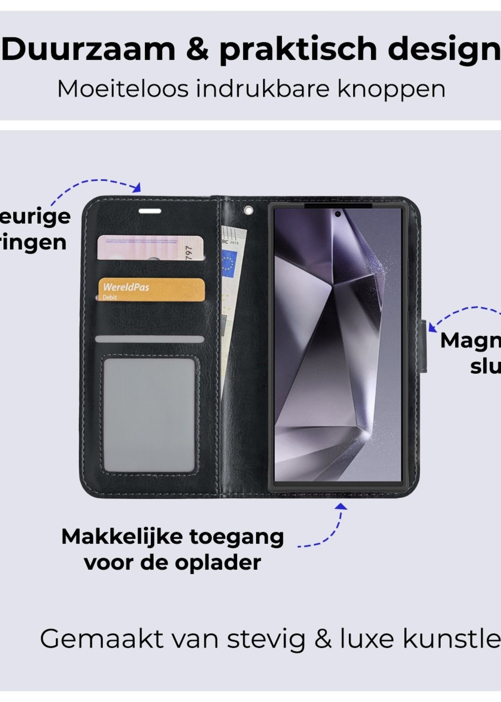 BTH Hoesje Geschikt voor Samsung S24 Ultra Hoesje Book Case Hoes Portemonnee Cover Walletcase Met 2x Screenprotector - Hoes Geschikt voor Samsung Galaxy S24 Ultra Hoes Bookcase Hoesje - Zwart