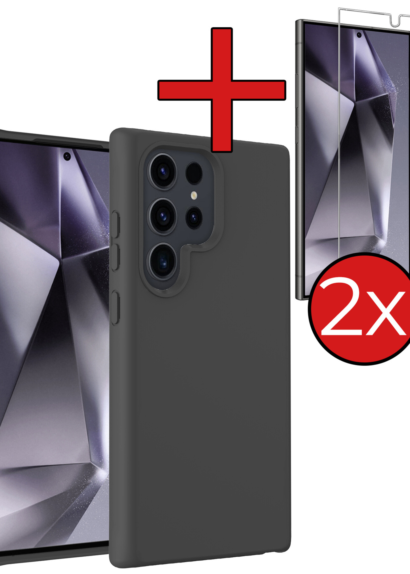 BTH Hoesje Geschikt voor Samsung S24 Ultra Hoesje Siliconen Case Hoes Met 2x Screenprotector - Hoes Geschikt voor Samsung Galaxy S24 Ultra Hoes Cover Case - Zwart