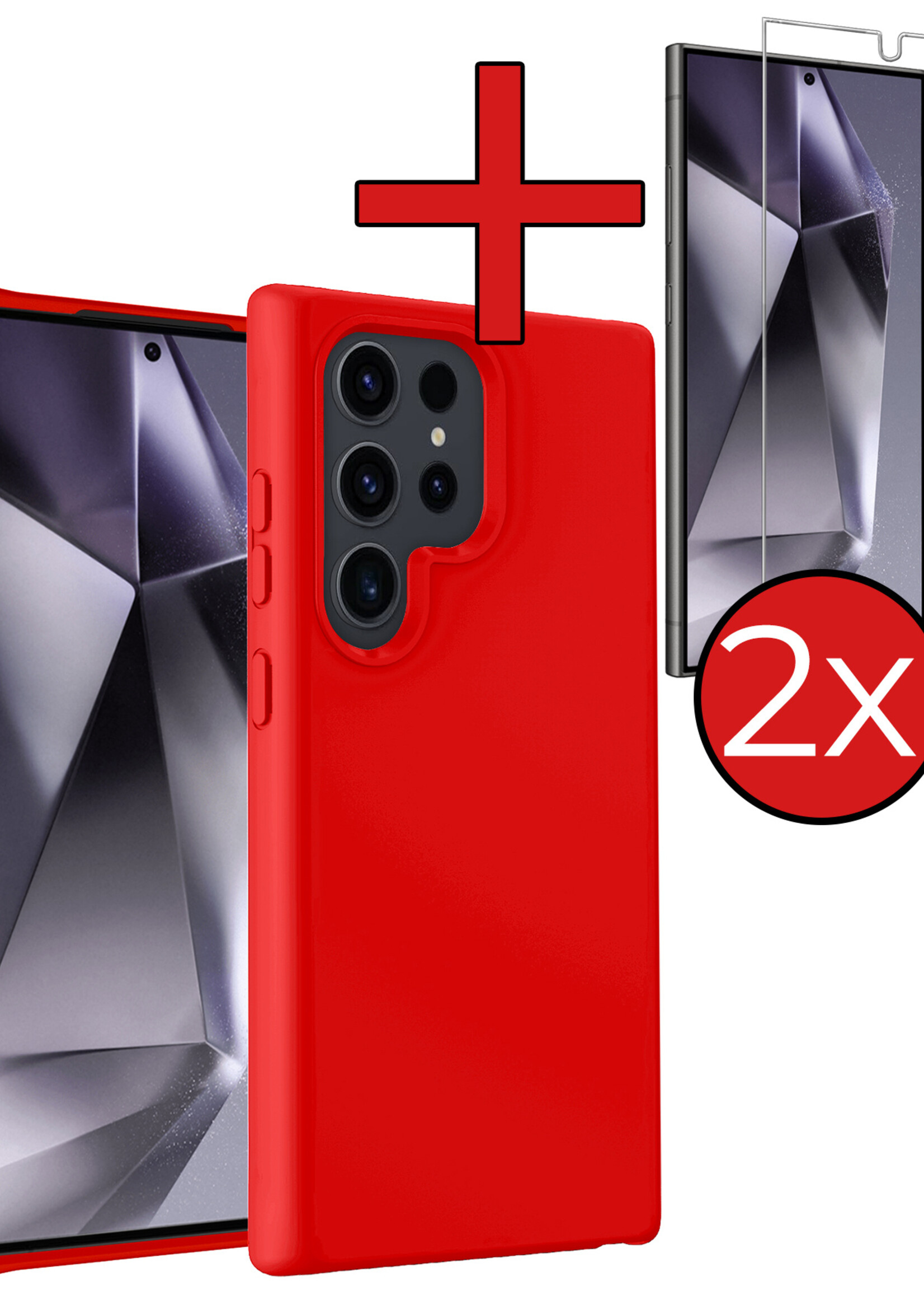 BTH Hoesje Geschikt voor Samsung S24 Ultra Hoesje Siliconen Case Hoes Met 2x Screenprotector - Hoes Geschikt voor Samsung Galaxy S24 Ultra Hoes Cover Case - Rood