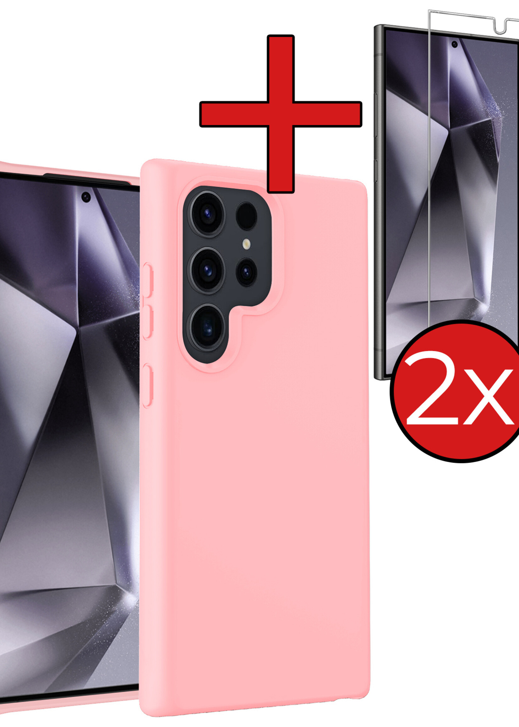 BTH Hoesje Geschikt voor Samsung S24 Ultra Hoesje Siliconen Case Hoes Met 2x Screenprotector - Hoes Geschikt voor Samsung Galaxy S24 Ultra Hoes Cover Case - Lichtroze