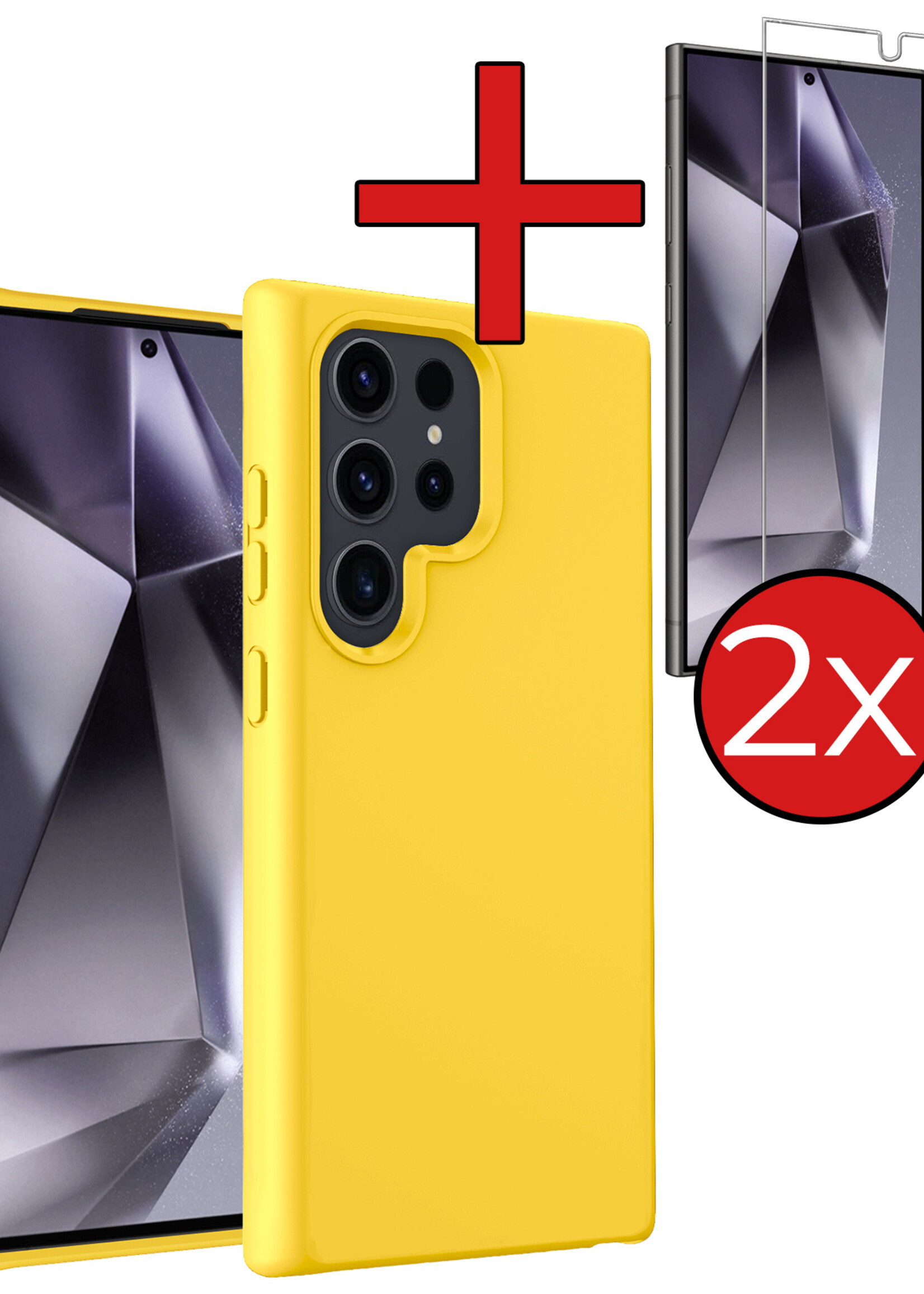 BTH Hoesje Geschikt voor Samsung S24 Ultra Hoesje Siliconen Case Hoes Met 2x Screenprotector - Hoes Geschikt voor Samsung Galaxy S24 Ultra Hoes Cover Case - Geel