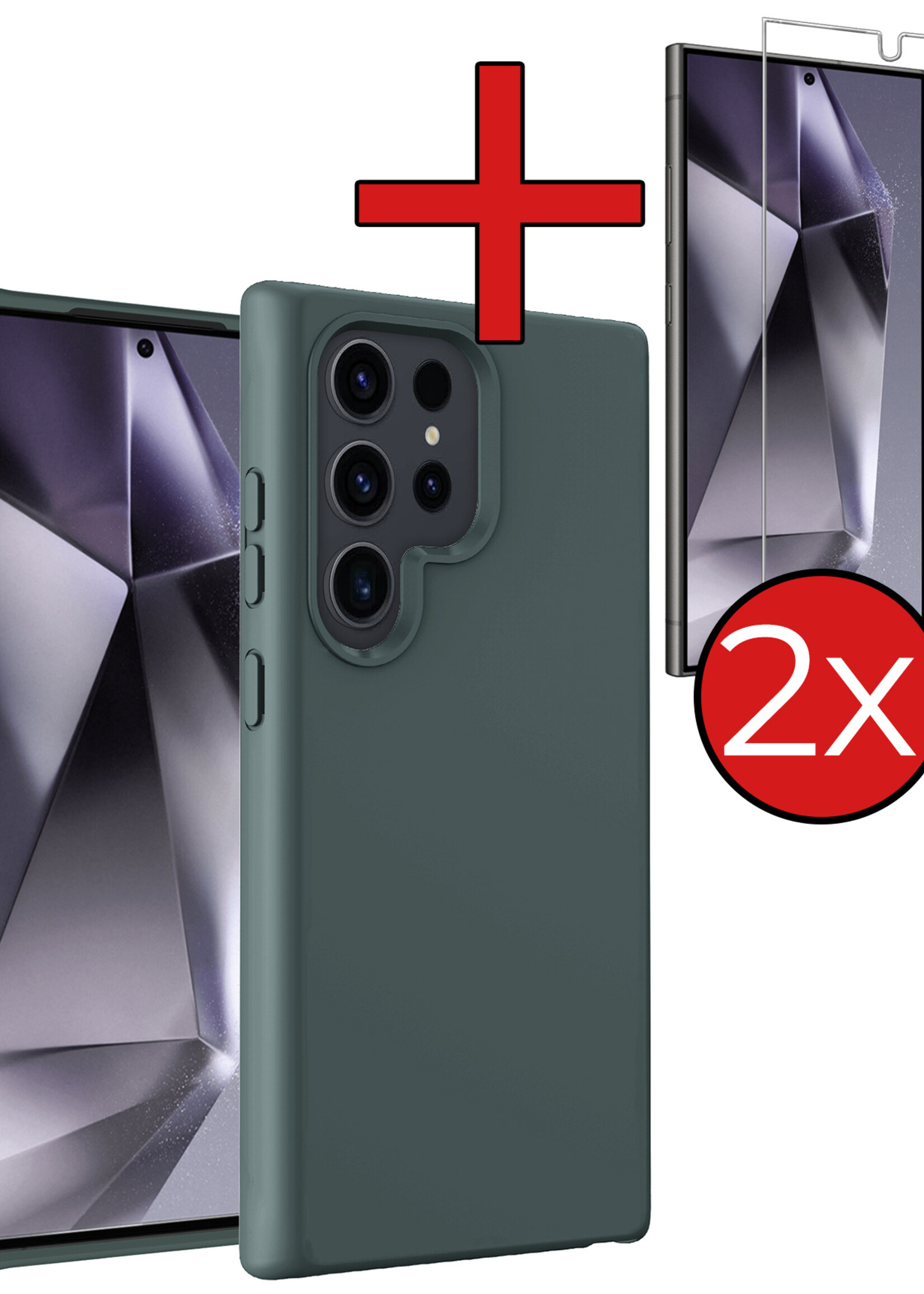 BTH Hoesje Geschikt voor Samsung S24 Ultra Hoesje Siliconen Case Hoes Met 2x Screenprotector - Hoes Geschikt voor Samsung Galaxy S24 Ultra Hoes Cover Case - Donkergroen