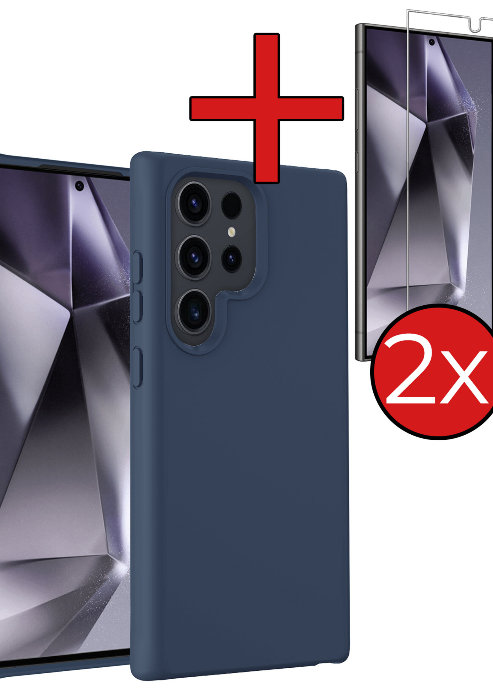 BTH Hoesje Geschikt voor Samsung S24 Ultra Hoesje Siliconen Case Hoes Met 2x Screenprotector - Hoes Geschikt voor Samsung Galaxy S24 Ultra Hoes Cover Case - Donkerblauw