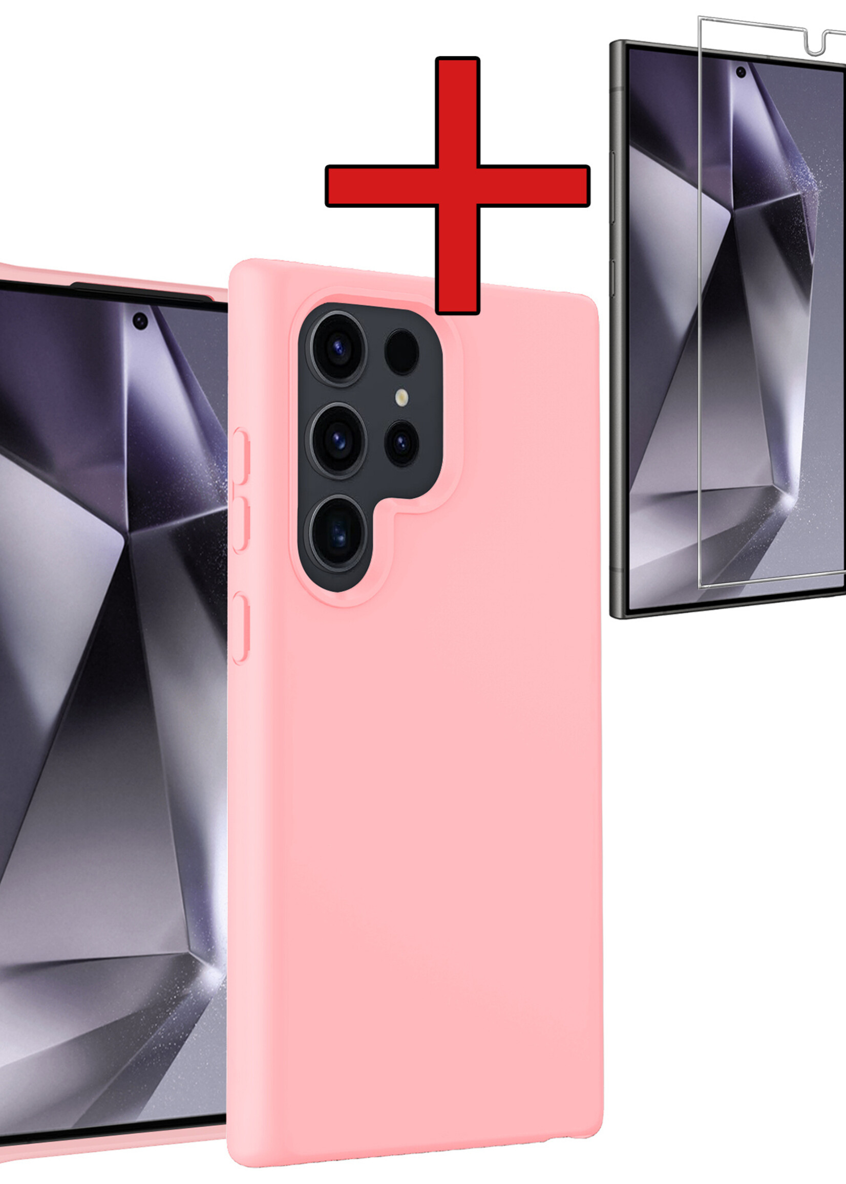 BTH Hoesje Geschikt voor Samsung S24 Ultra Hoesje Siliconen Case Hoes Met Screenprotector - Hoes Geschikt voor Samsung Galaxy S24 Ultra Hoes Cover Case - Lichtroze