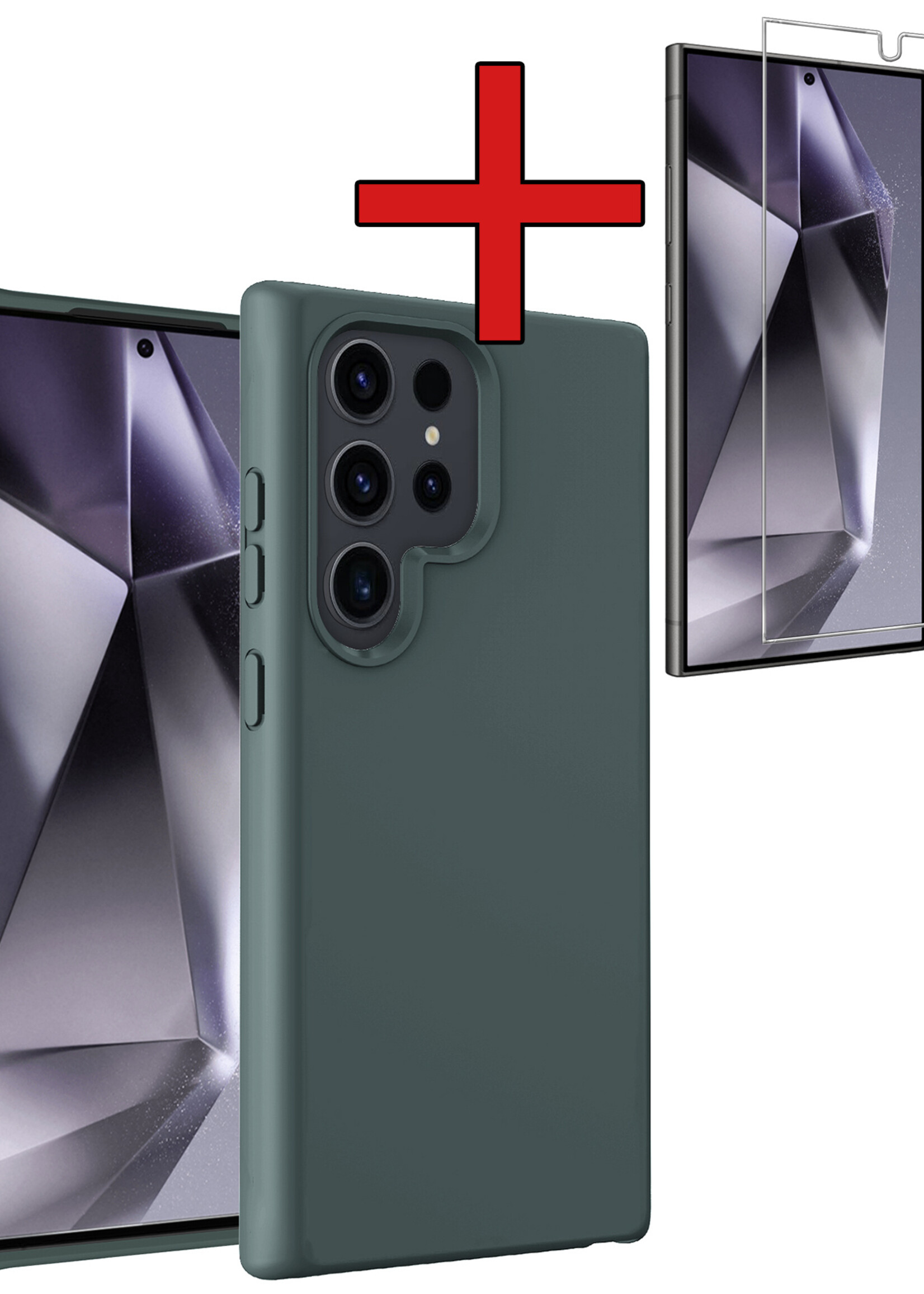 BTH Hoesje Geschikt voor Samsung S24 Ultra Hoesje Siliconen Case Hoes Met Screenprotector - Hoes Geschikt voor Samsung Galaxy S24 Ultra Hoes Cover Case - Donkergroen