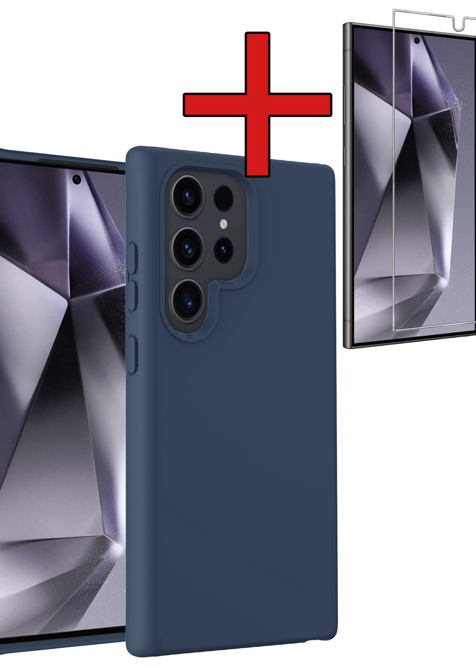 BTH Hoesje Geschikt voor Samsung S24 Ultra Hoesje Siliconen Case Hoes Met Screenprotector - Hoes Geschikt voor Samsung Galaxy S24 Ultra Hoes Cover Case - Donkerblauw