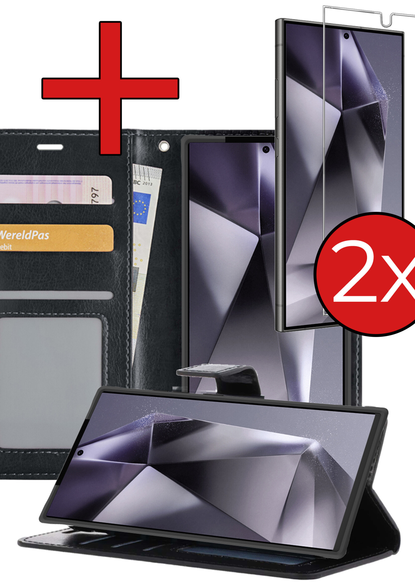 BTH Hoesje Geschikt voor Samsung S24 Ultra Hoesje Book Case Hoes Portemonnee Cover Walletcase Met 2x Screenprotector - Hoes Geschikt voor Samsung Galaxy S24 Ultra Hoes Bookcase Hoesje - Zwart
