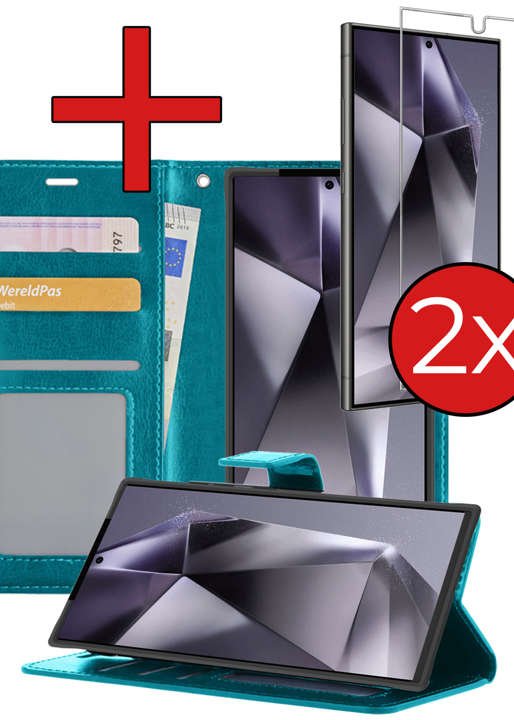 BTH Hoesje Geschikt voor Samsung S24 Ultra Hoesje Book Case Hoes Portemonnee Cover Walletcase Met 2x Screenprotector - Hoes Geschikt voor Samsung Galaxy S24 Ultra Hoes Bookcase Hoesje - Turquoise