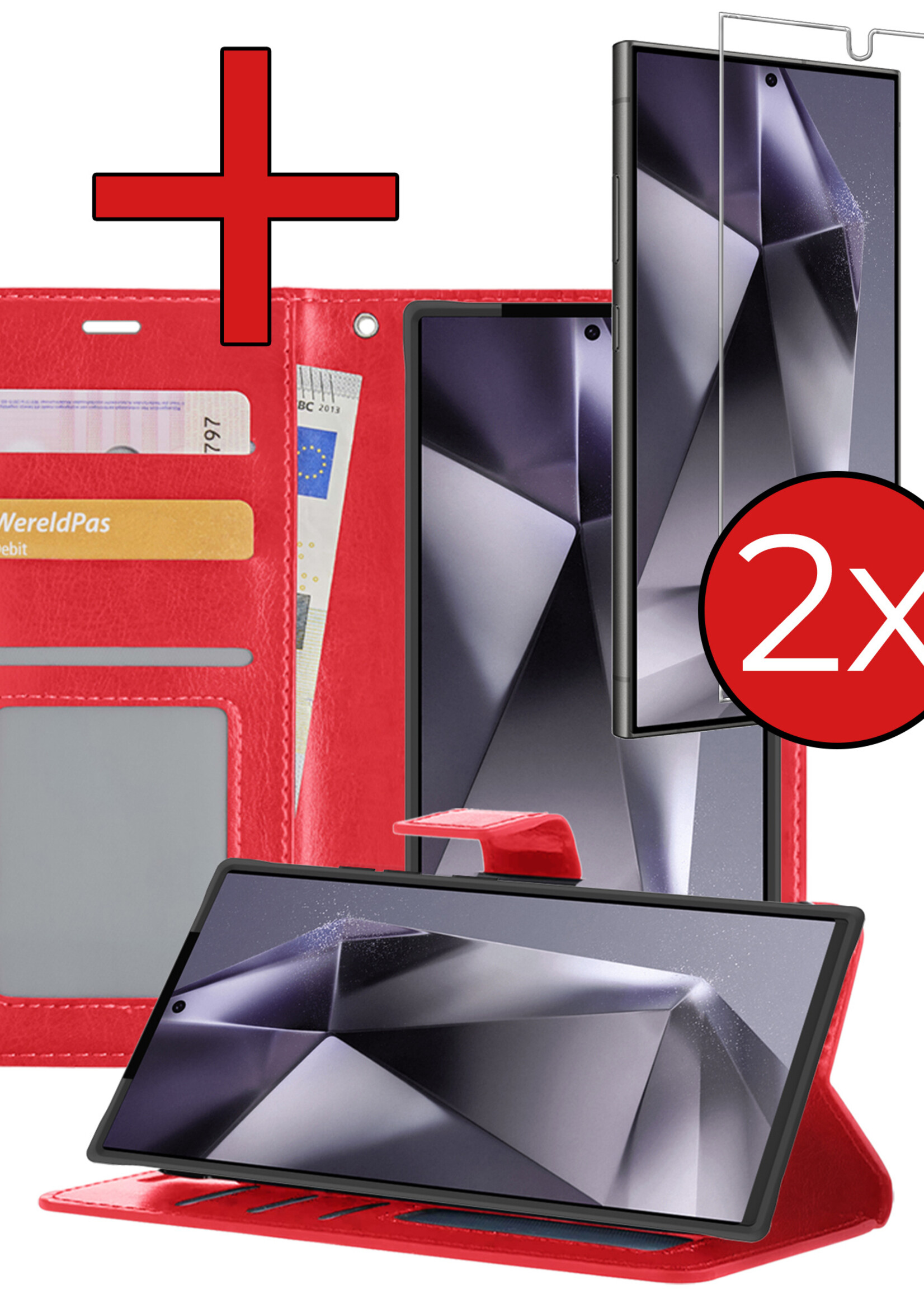 BTH Hoesje Geschikt voor Samsung S24 Ultra Hoesje Book Case Hoes Portemonnee Cover Walletcase Met 2x Screenprotector - Hoes Geschikt voor Samsung Galaxy S24 Ultra Hoes Bookcase Hoesje - Rood