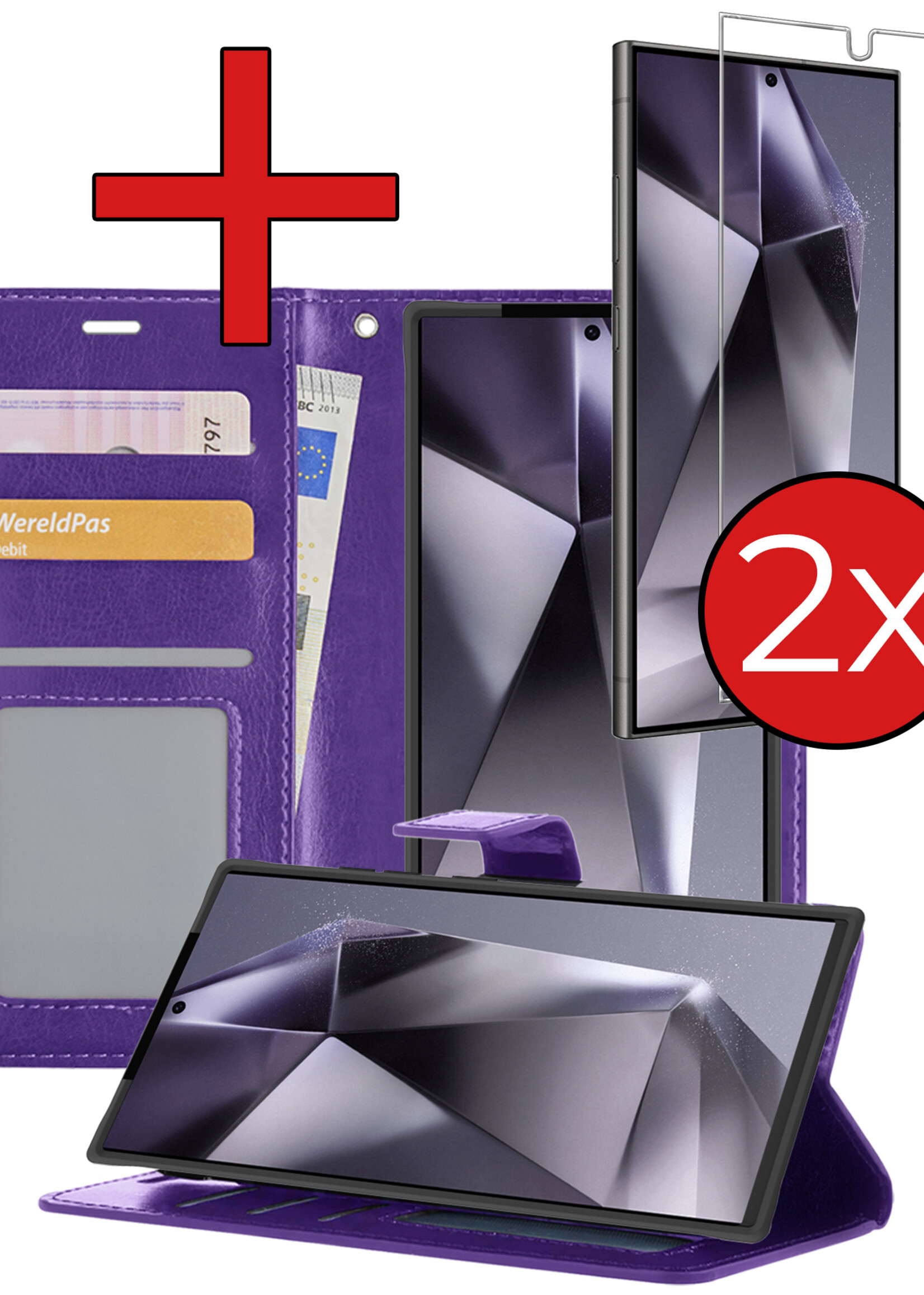 BTH Hoesje Geschikt voor Samsung S24 Ultra Hoesje Book Case Hoes Portemonnee Cover Walletcase Met 2x Screenprotector - Hoes Geschikt voor Samsung Galaxy S24 Ultra Hoes Bookcase Hoesje - Paars